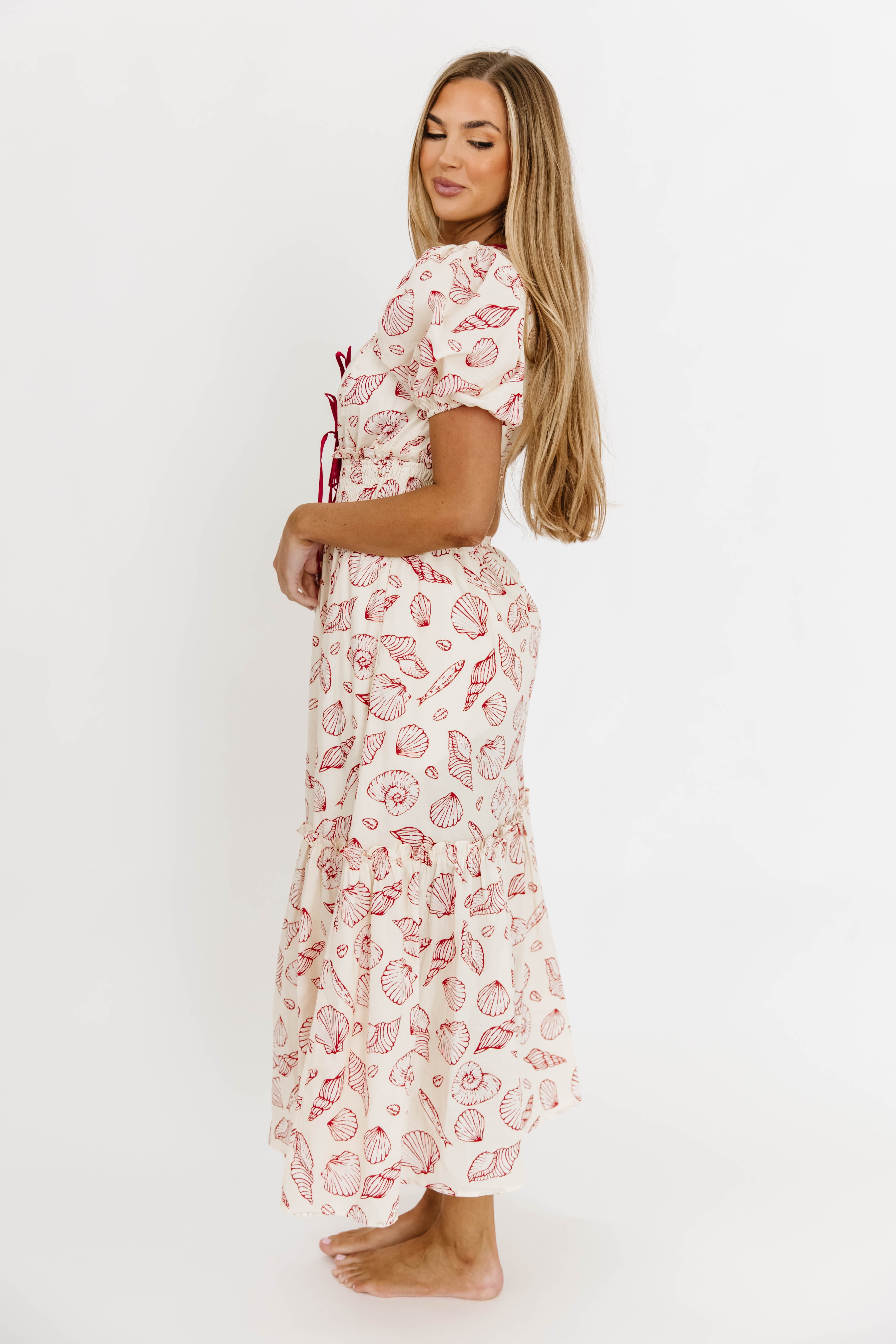 Jesse Women's 100% Cotton Midi Dress with Puff Sleeves - Red Floral Summer Dress for Casual Outings & Beach Vacations