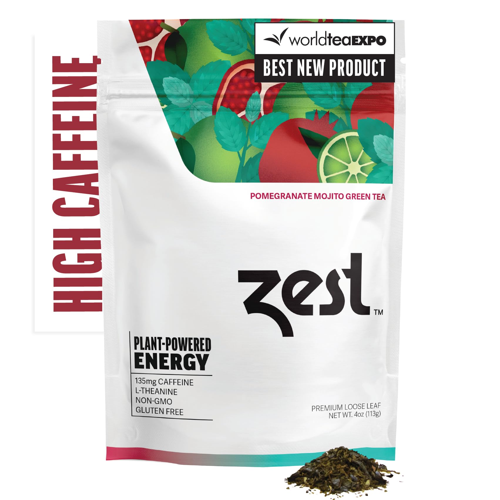 Zest 135mg High Caffeine Energy Loose Leaf Green Tea - Pomegranate Mojito Flavor, 4 Oz | All Natural, Strong Flavored Healthy Coffee Alternative | Highly Caffeinated, Keto-Friendly | Perfect for Morning Boost, Workout Energy & Study Focus