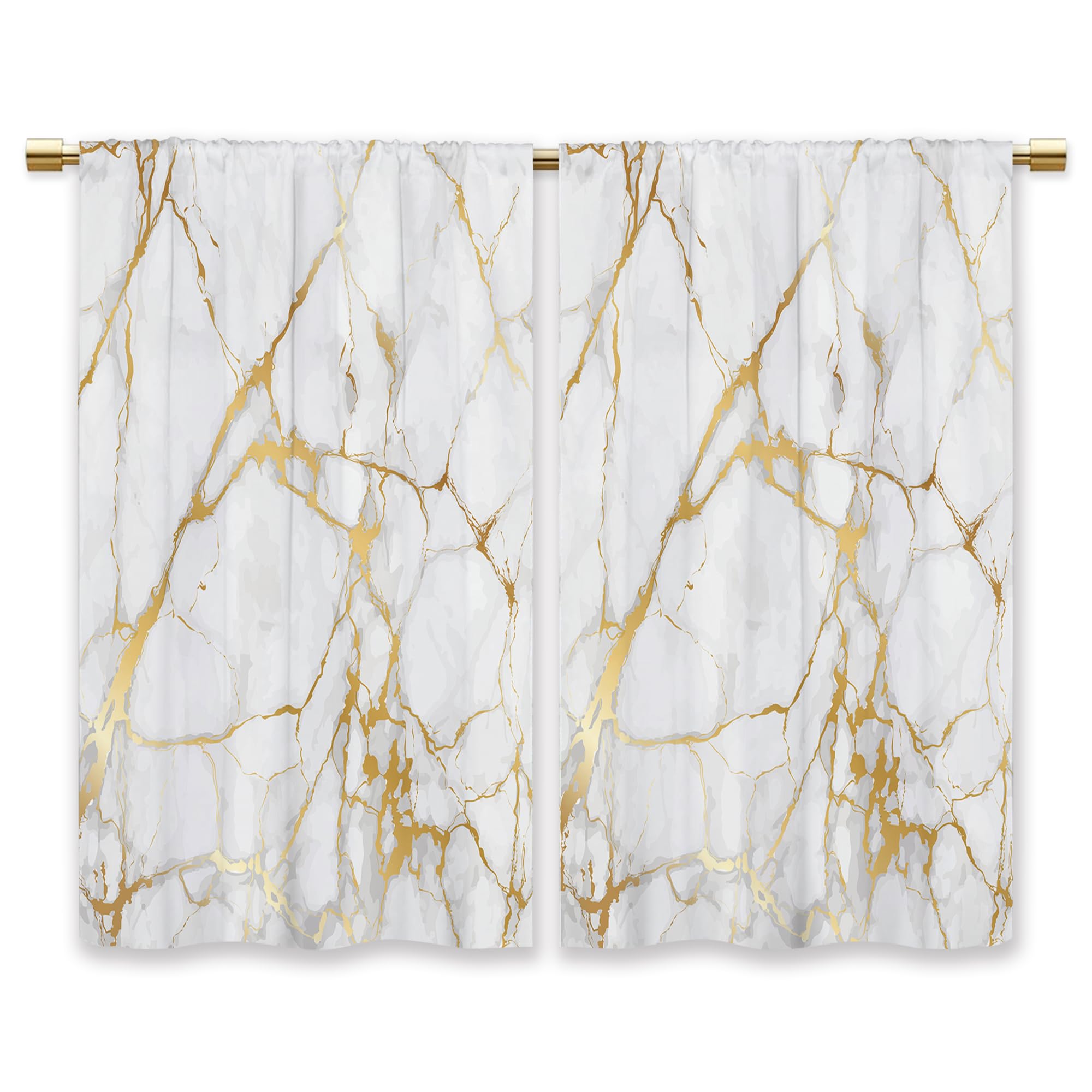 Luxury Gold Marble Kitchen Curtains - Modern Abstract Golden Short Cafe Window Drapes with White Texture & Rod Pocket - Bathroom Tier Curtains Set of 2 Panels (27.5x39 Inch) - Perfect for Kitchen, Cafe, Bathroom & Living Room Decor