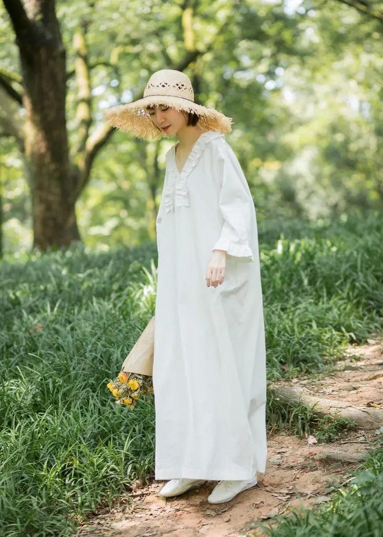 Elegant White Linen V-Neck Princess Dress for Women - Perfect for Summer Weddings, Garden Parties & Beach Vacations