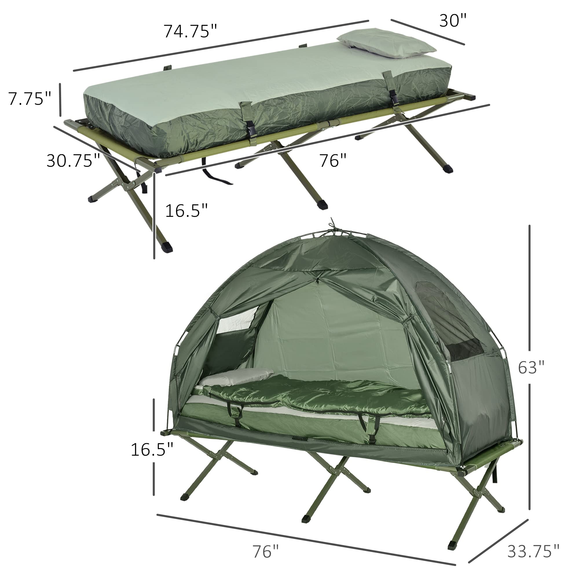 Outsunny Folding Camping Cot for Adults - Portable Single Sleeping Bed with Thick Air Mattress & Tent - Perfect for Backpacking, Hiking, and Outdoor Adventures
