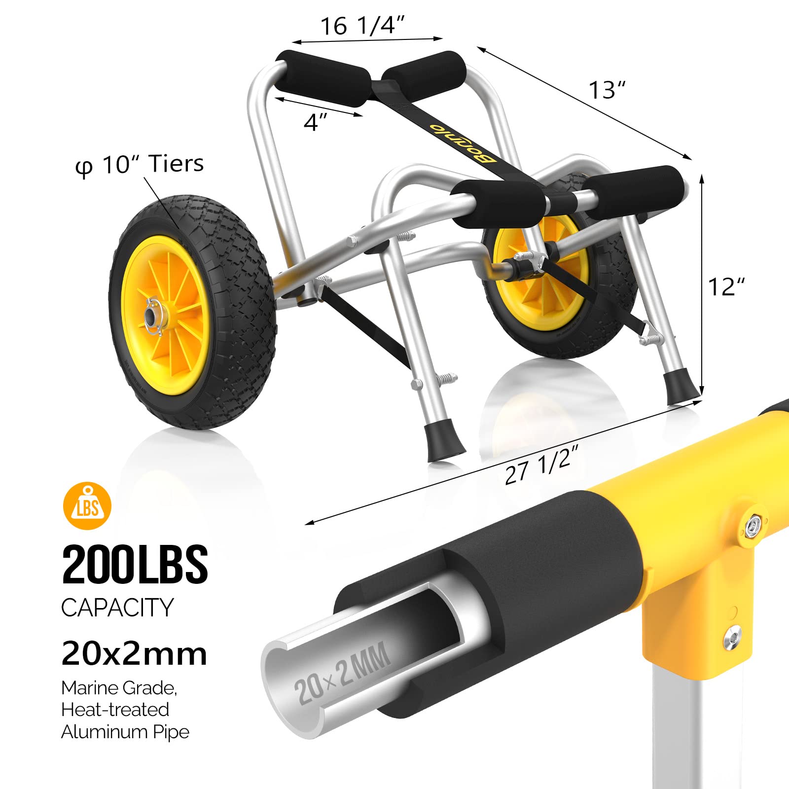 Bonnlo Foldable Kayak Cart with Airless Tires - Heavy Duty Canoe Dolly for Fishing Kayaks, Paddle Boards & Boat Transport - Includes 2 Ratchet Straps (Perfect for Beach, Lake & Outdoor Water Sports)