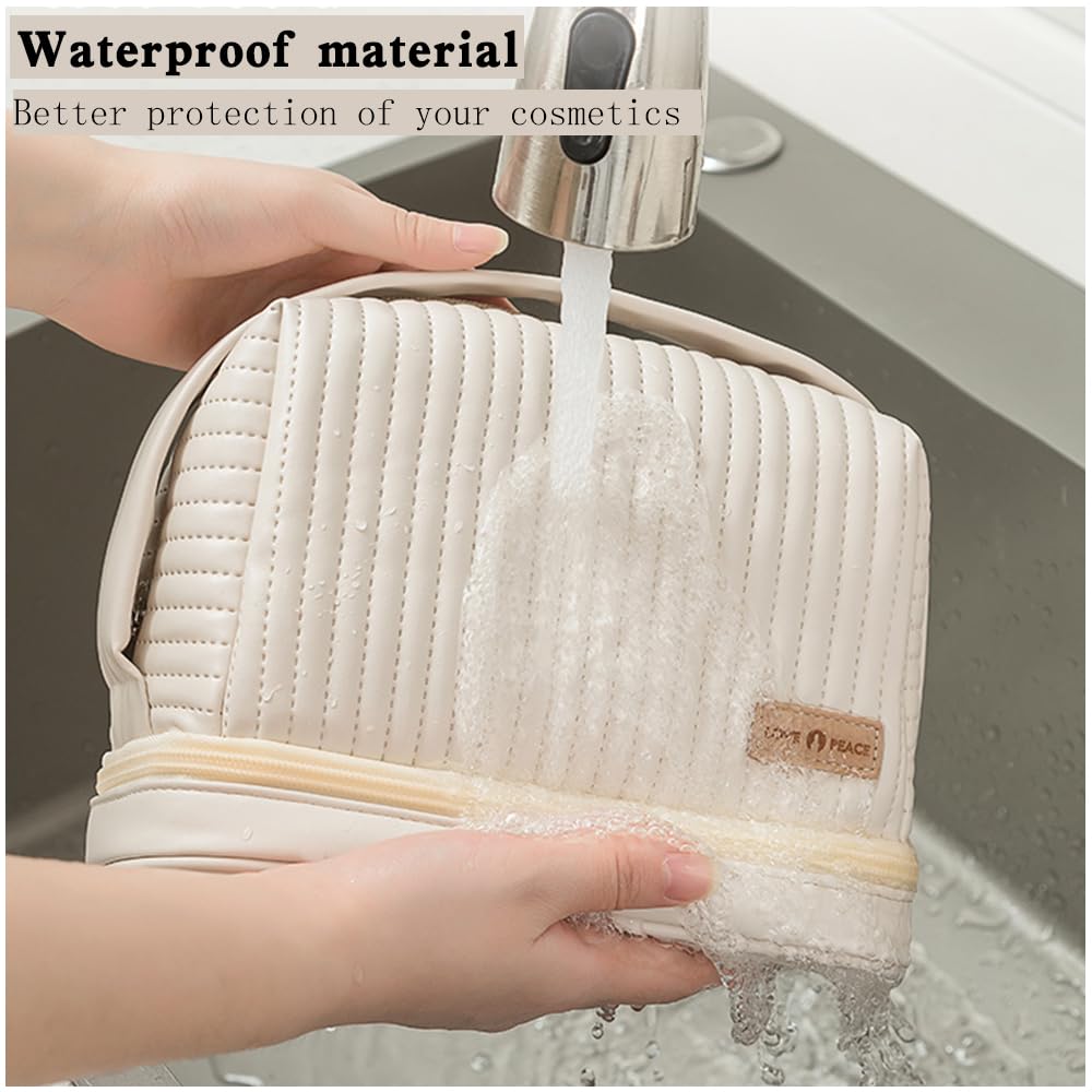 Waterproof Leather Cosmetic Bag Set of 3 - Cute Travel Makeup Organizer with Handle & Zipper for Women | Portable Toiletry Bags for Travel, Gym & Daily Use (Off-White)