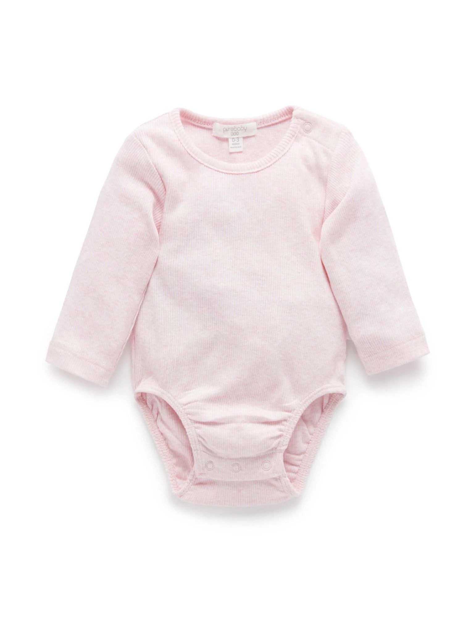 Purebaby Organic Cotton Ribbed Long Sleeve Bodysuit for Babies - Soft Pink Mélange | Comfortable Infant Onesie for Everyday Wear & Playtime