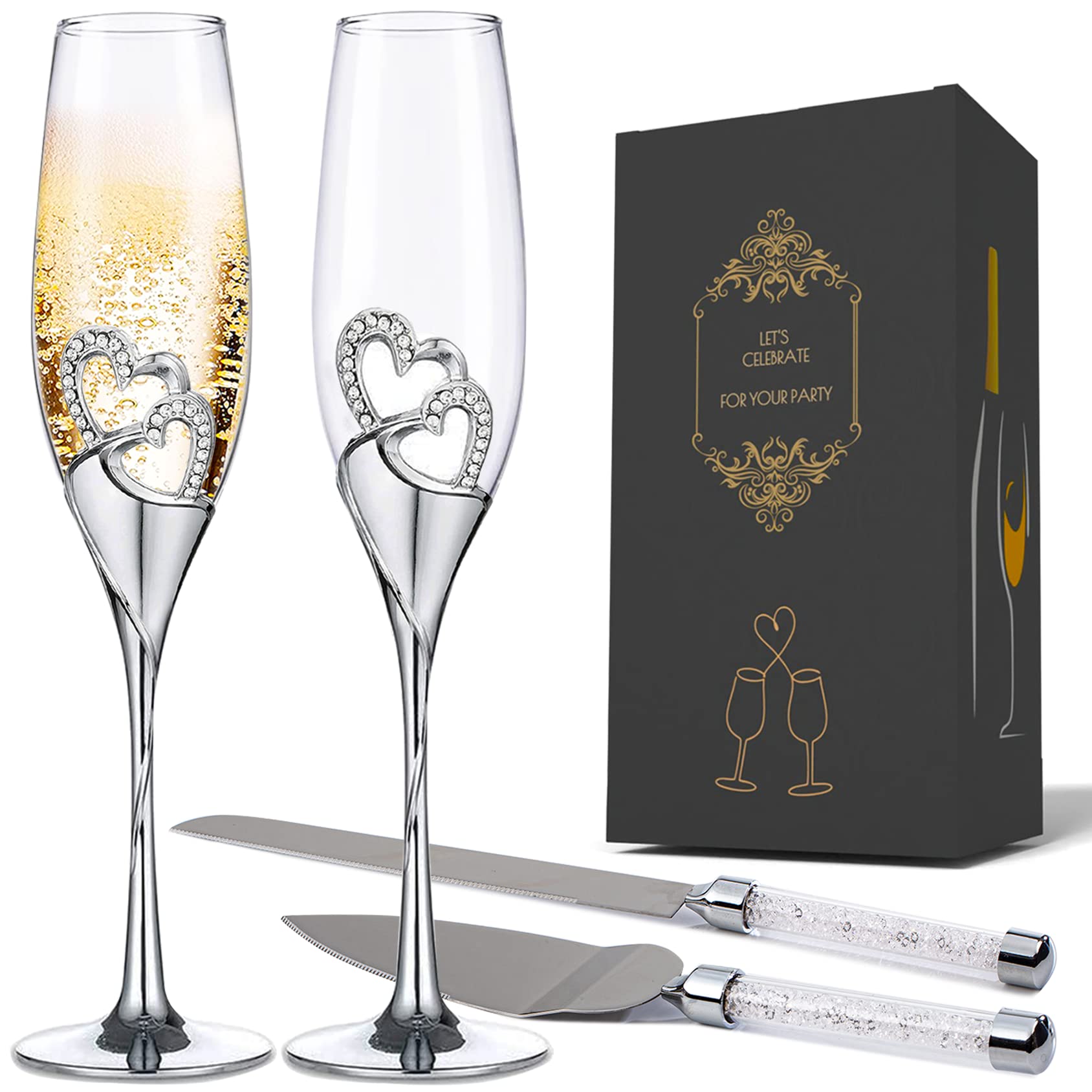 Elegant Wedding Cake Knife and Server Set with Champagne Flutes - Premium Cake Cutting Set for Weddings, Engagements & Anniversaries - Perfect Couples Gift for Wedding Ceremonies, Receptions & Romantic Celebrations