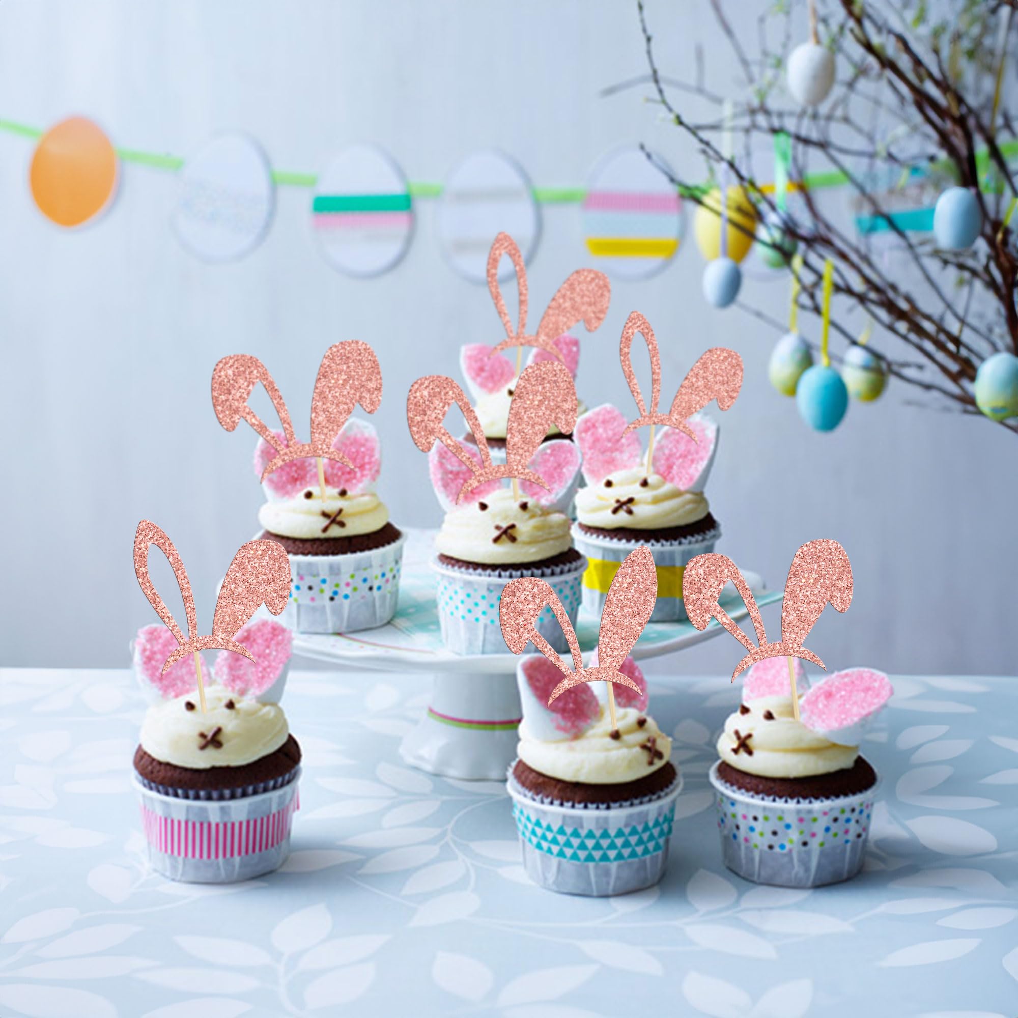 24Pcs Rose Gold Glitter Bunny Ear Cupcake Toppers - Easter Cake Decorations for Spring Birthday, Baby Shower & Bunny Theme Party Supplies | Perfect for Easter Desserts, Holiday Treats & Festive Celebrations
