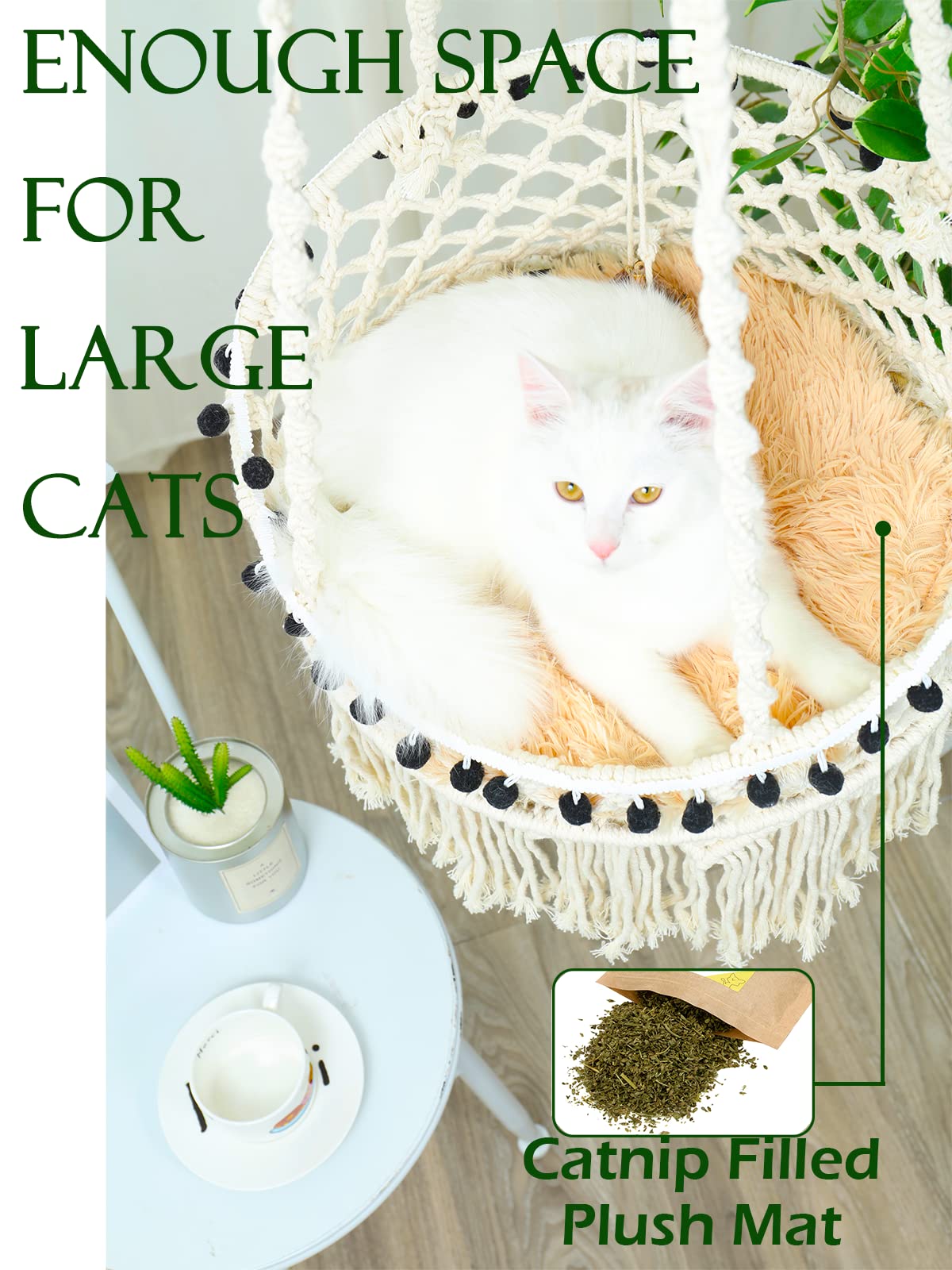 Large Cat Hammock Bed - Boho Macrame Hanging Cat Swing with Catnip Cushion & Scratching Mat for Indoor Cats | Perfect for Window Lounging & Relaxation