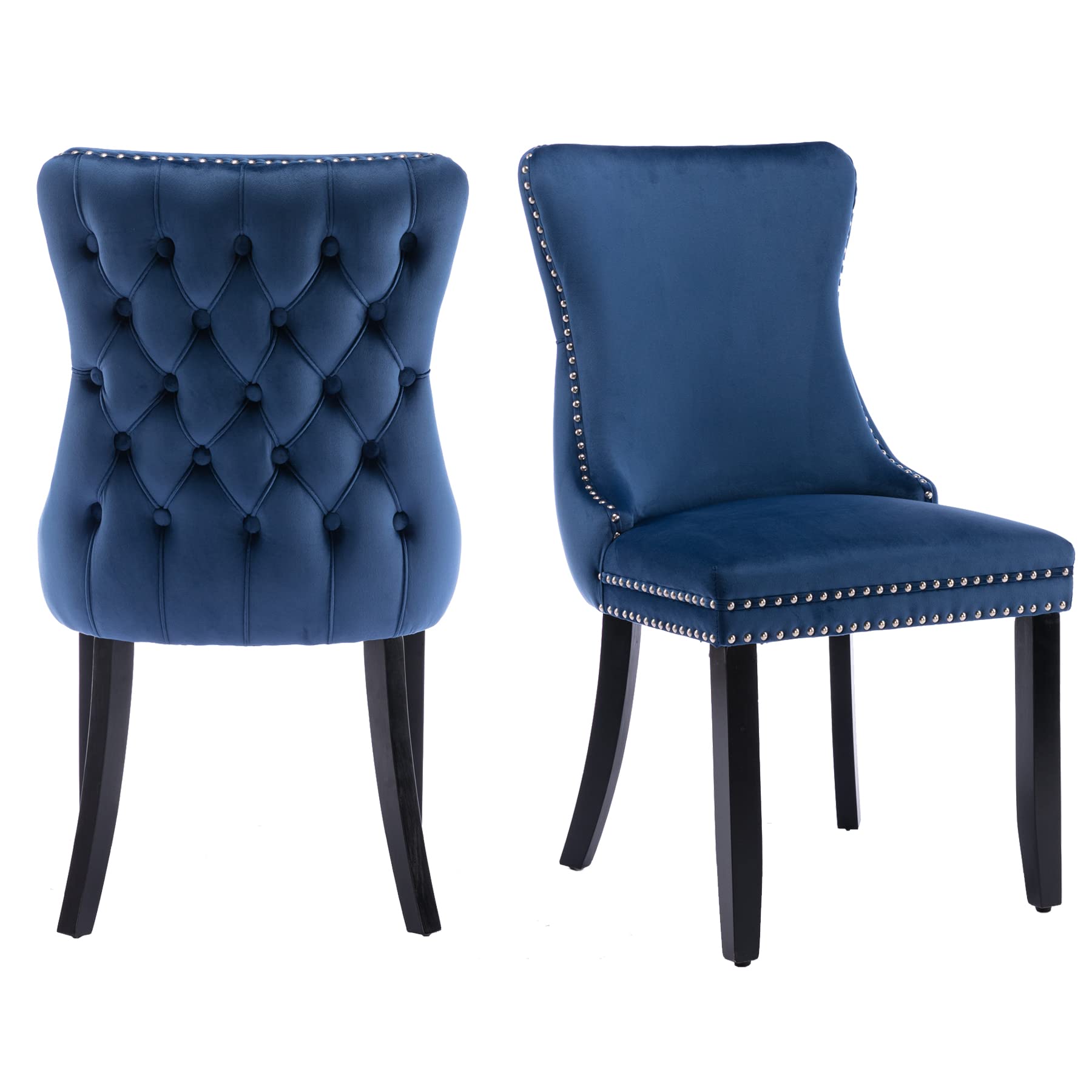 Velvet Upholstered Dining Chairs Set of 2 - Wingback Kitchen Accent Chairs with Solid Wood Legs, Nailhead Trim & Button Tufted Back - Stylish Luxury Blue Upholstery for Dining Room, Living Room & Home Decor