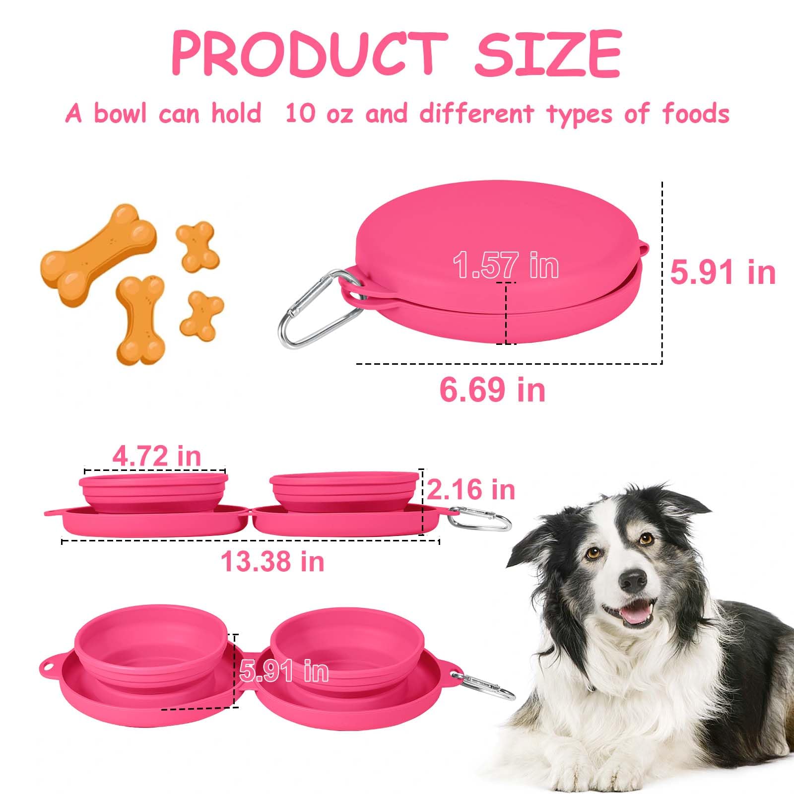 Foldable Collapsible Dog Water Bowl - 2 in 1 Portable Pet Food and Water Dish for Cats & Dogs with Carabiner Clip - Perfect for Travel, Hiking, Camping, Walking, Outdoor Adventures (Pink)