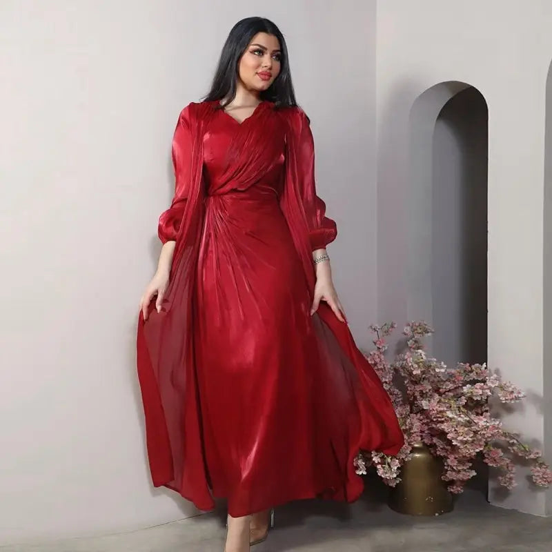 2 Piece Set Bright Satin Open Abaya Dress with Inner Sleeveless Dress - Muslim Prayer Dress, Eid Outfit, Ramadan Fashion, Modest Evening Wear for Women