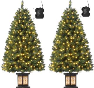 GARVEE 4.5 Ft Pre-Lit Artificial Christmas Tree with 300 LED Lights & 8 Lighting Modes - Fiber Optic Potted Xmas Tree with Antique Urn Base (2 Pack) - Perfect for Home, Office & Holiday Decorations