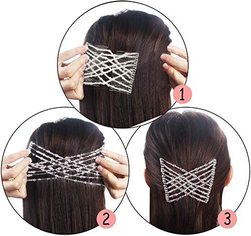 3 Pcs Crystal Bead Hair Combs - Magic Elastic Hair Clips & Stretchy Hair Barrettes for Women - Double Hair Claw Clips Set - Perfect for Updos, Ponytails & Everyday Styling