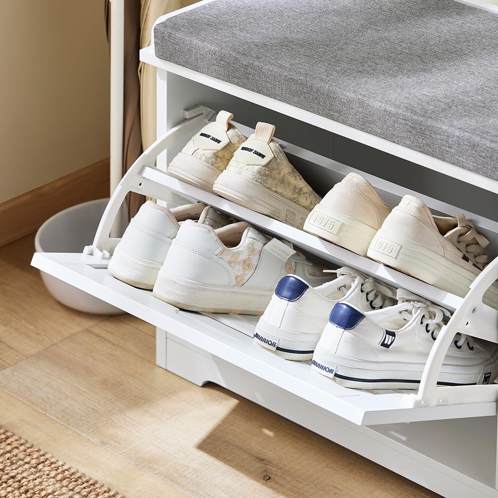SoBuy Small Storage Bench with Seat Cushion - Narrow Shoe Cabinet with 1 Drawer for Entryway, Apartment, Living Room - White (FSR184-K-W) - Perfect for Organizing Shoes, Hats & Accessories in Small Spaces