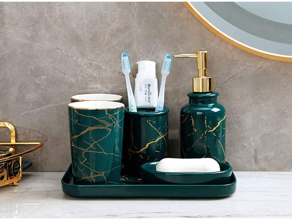 Nordic Ceramic Bathroom Accessories Set - Imitation Marble Toothbrush Holder, Soap Dispenser, Cup & Soap Dish | Modern Bathroom Decor for Home, Hotel & Spa Use
