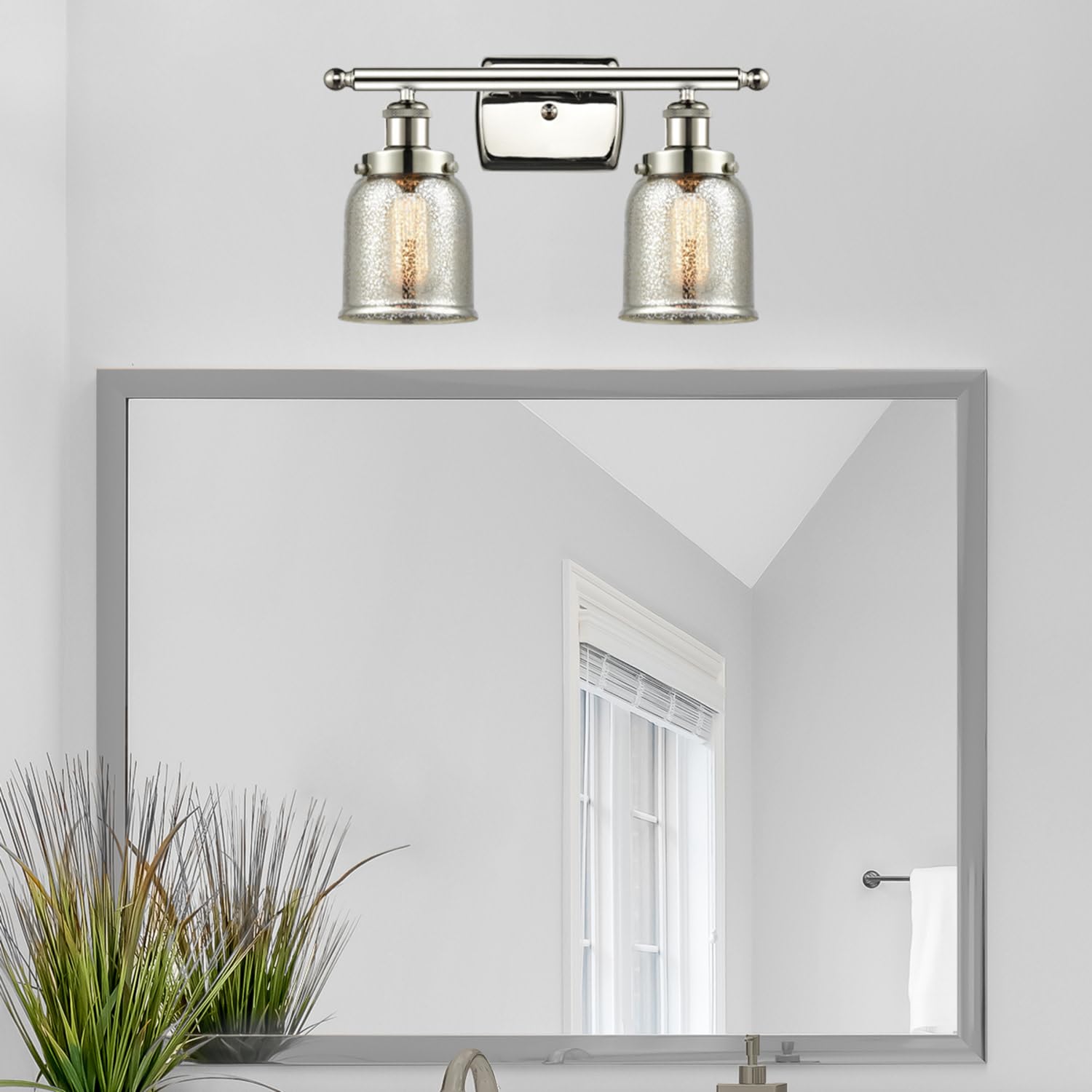 Bell 2-Light Bathroom Vanity Light Fixture in White & Polished Chrome - Modern Wall Sconce for Bathroom Mirror Lighting (916-2W-WPC-G513) - Perfect for Master Bath, Powder Room & Dressing Area Illumination