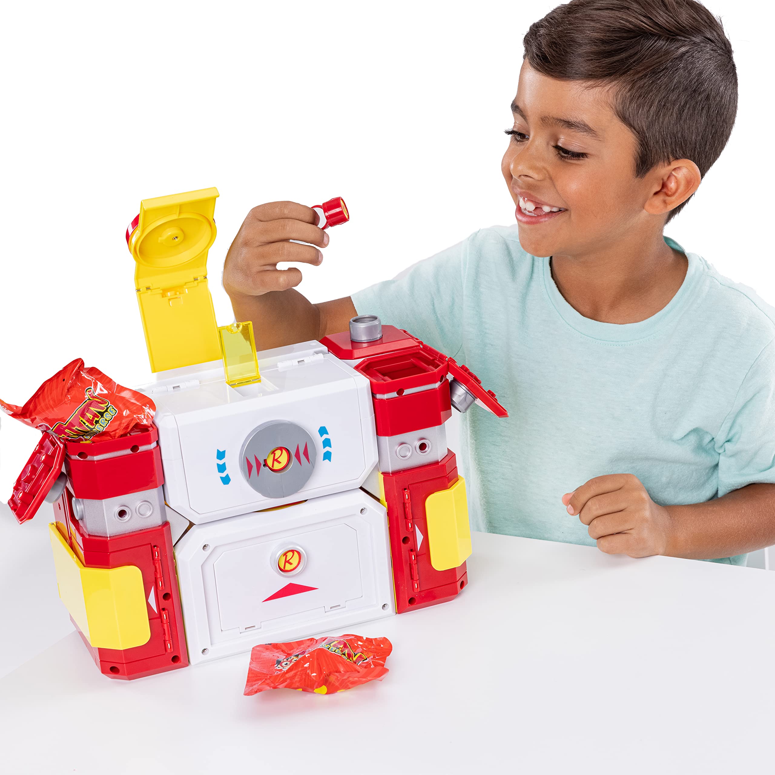 Ryan's World Mega Mecha Titan Robot - Transforming Chest to Red Titan Robot | 5 Micro Figures, Spinner, Wearable Eye Mask & Cape, Stickers Included | Perfect for Kids' Playtime, Birthday Gifts & Action Figure Collectors