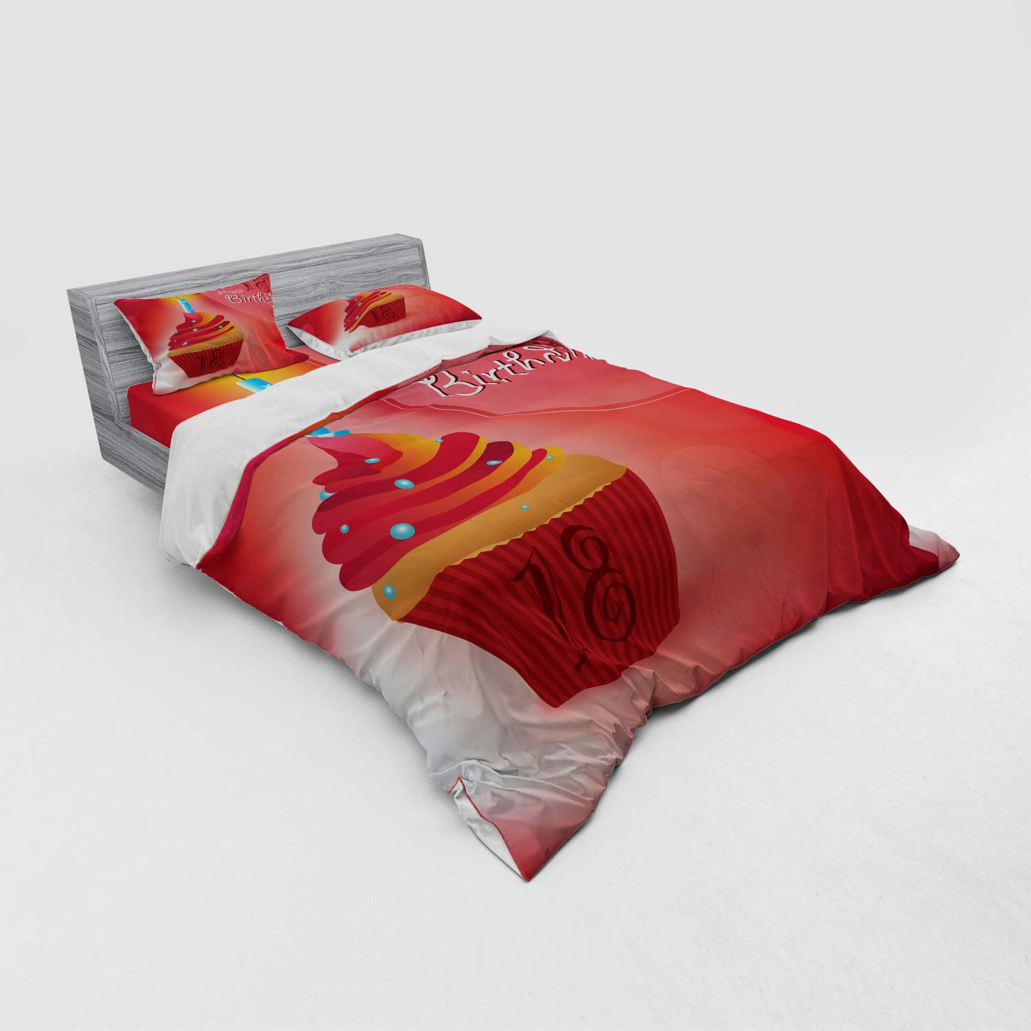 Ambesonne 18th Birthday Duvet Cover Set - 4 Piece Queen Size Bedding with Cupcake & Candles Print in Hot Pink, Red & Orange - Includes Shams & Fitted Sheet - Perfect for Teen Birthday Parties & Dorm Room Decor