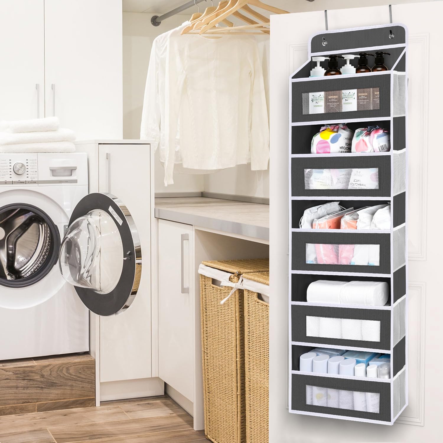 Over The Door Organizer Storage - 5-Shelf Hanging Door Organizer with 10 Large Pockets, Holds 48 lbs, Anti-Tilt Design for Bedroom, Bathroom & Pantry (Dark Gray, 2-Pack) - Perfect for Organizing Shoes, Toys, Towels & Cleaning Supplies