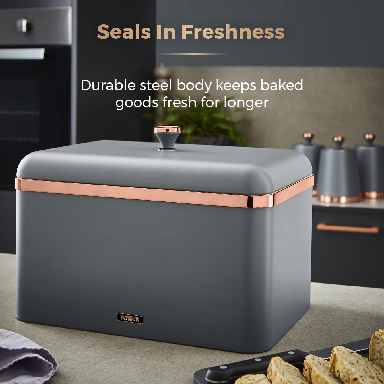 Cavaletto Bread Bin with Removable Lid - Large Capacity Stainless Steel Bread Box for Kitchen Storage | Grey & Rose Gold | Perfect for Countertop Organization & Fresh Bread Keeping