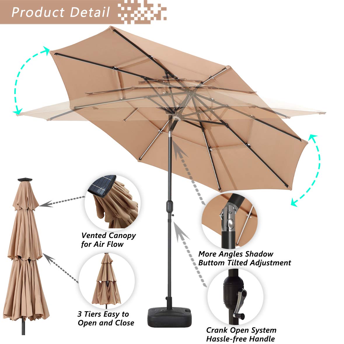 Outdoor 3-Tier Aluminum Market Umbrella with Push Button Tilt & Easy Crank - 9.8FT Patio Umbrella with 8 Solar LED Lights - All-Weather Khaki Umbrella for Backyard, Poolside & Outdoor Dining