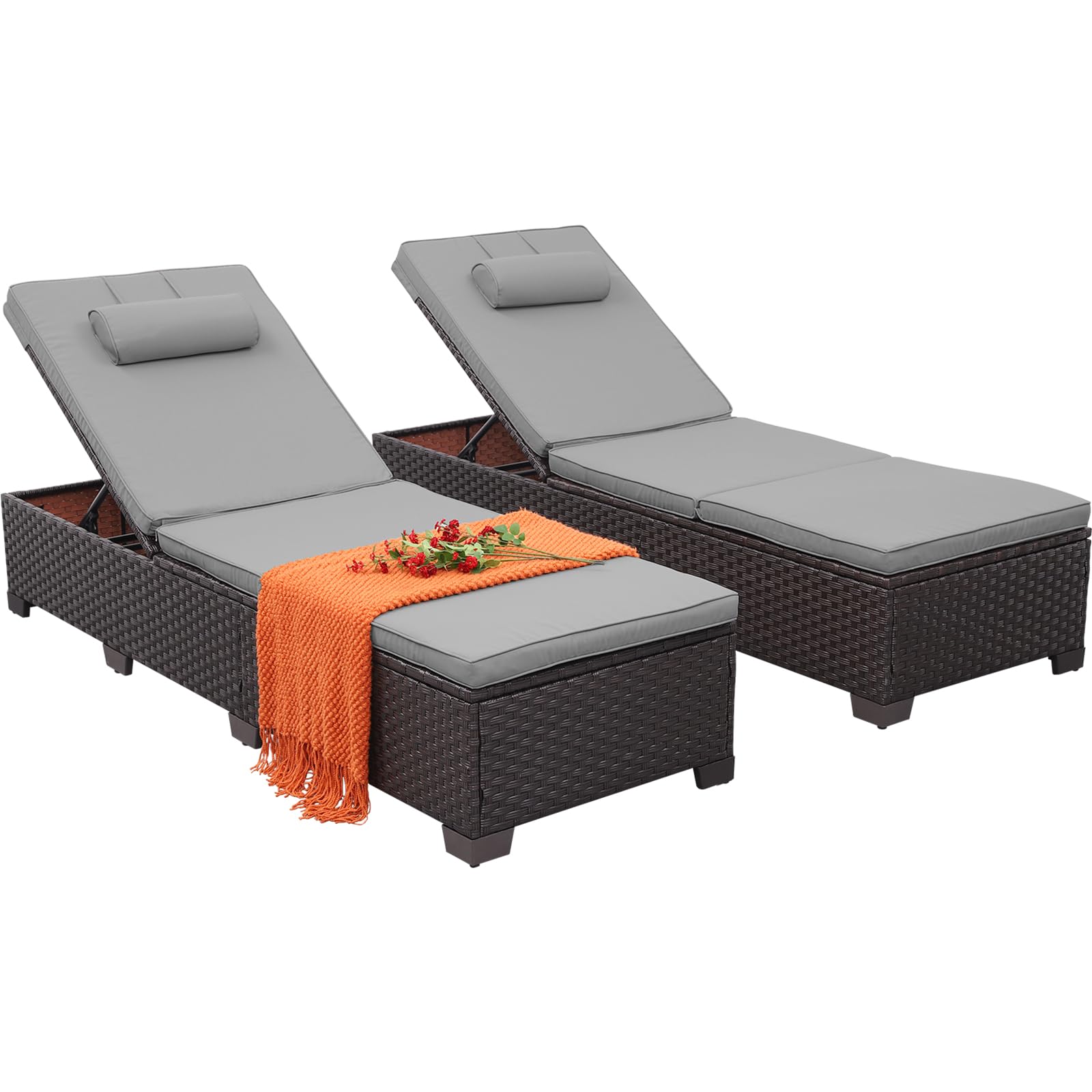 Brown Wicker Patio Chaise Lounge Chairs Set of 2 - Outdoor Poolside Recliners with Grey Cushions & Headrest - Perfect for Backyard, Pool Deck, Beach and Garden Relaxation