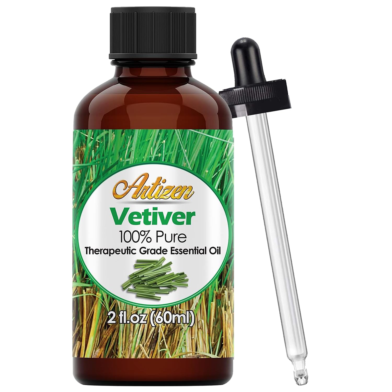 Artizen 2oz Vetiver Essential Oil - 100% Pure Therapeutic Grade Aromatherapy Oil for Diffuser, Massage & Relaxation - 2 Fluid Ounces (60ml) Bottle