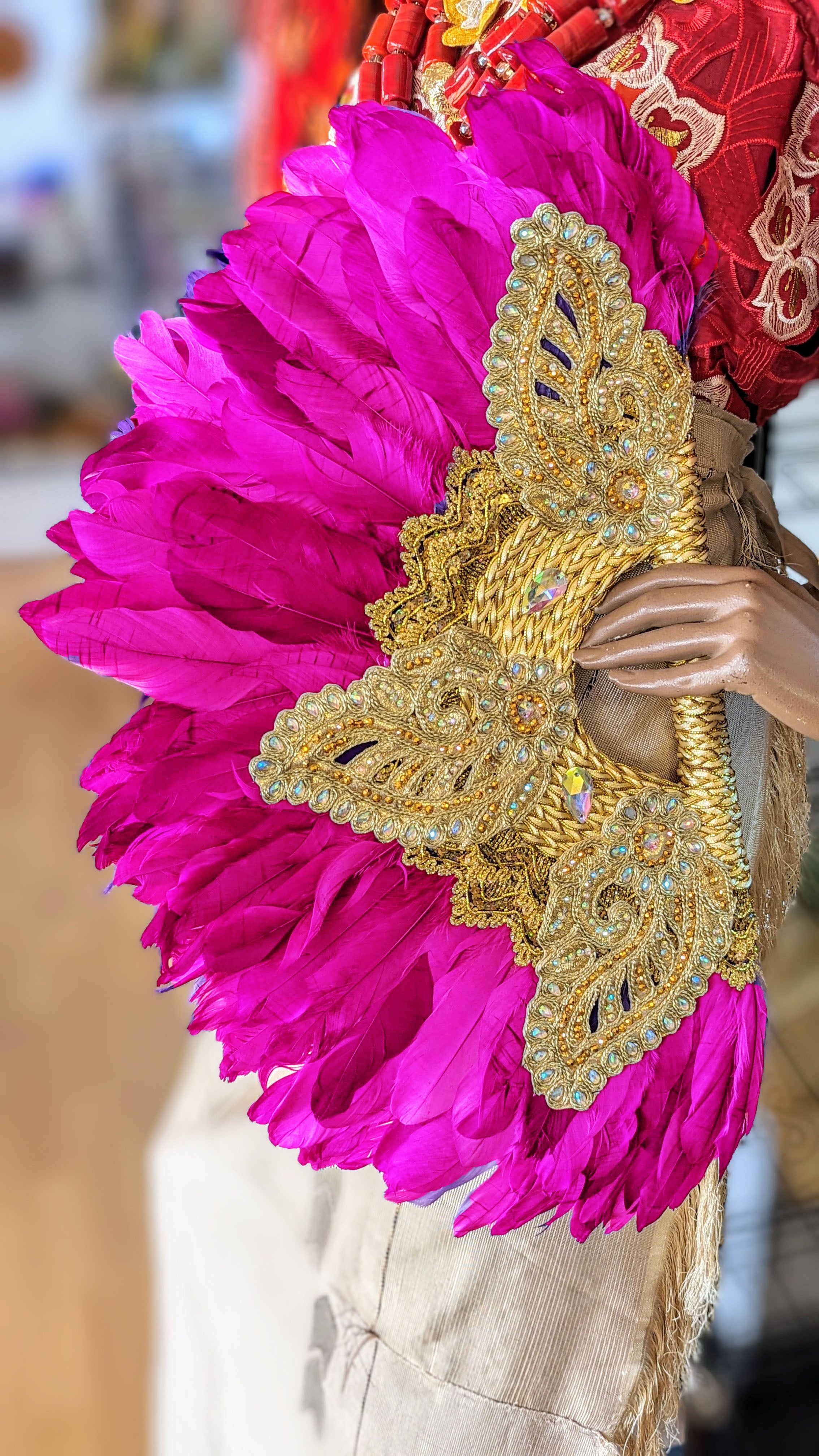Dupsie's Ezinne Elegance Fuchsia Pink Nigerian African Wedding Feather Fan - Handmade Bridal Accessory for Traditional & Modern Ceremonies