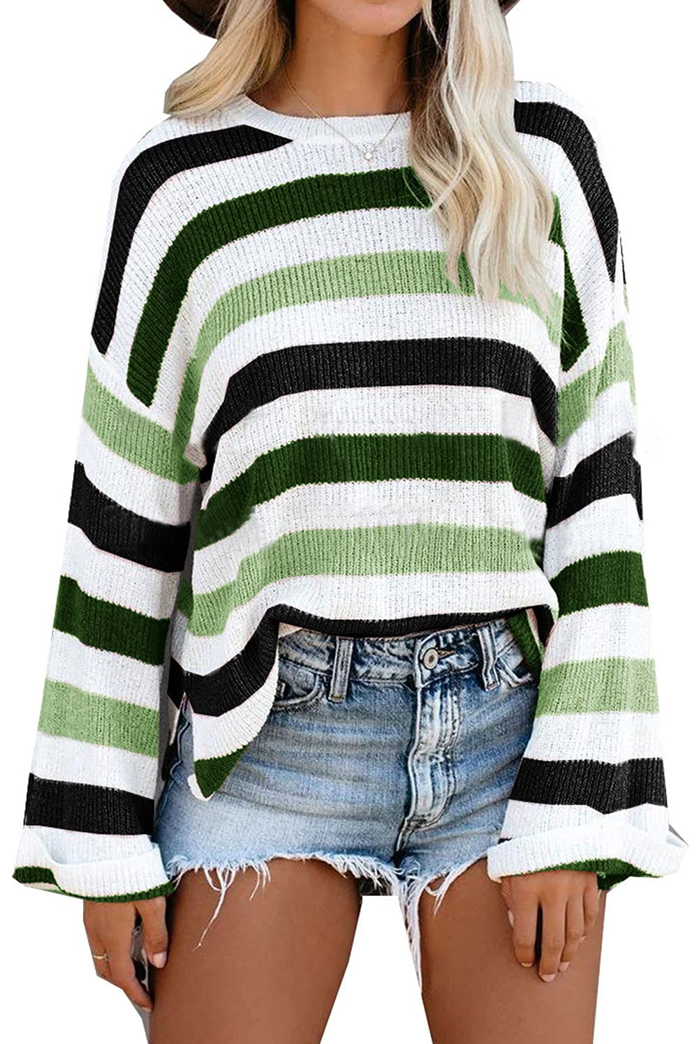 CHARTOU Women's Oversized Knit Ribbed Striped Sweater - Color Block Jersey Jumper Top for Casual Wear & Fall Fashion | Cozy Winter Pullover for Outfits