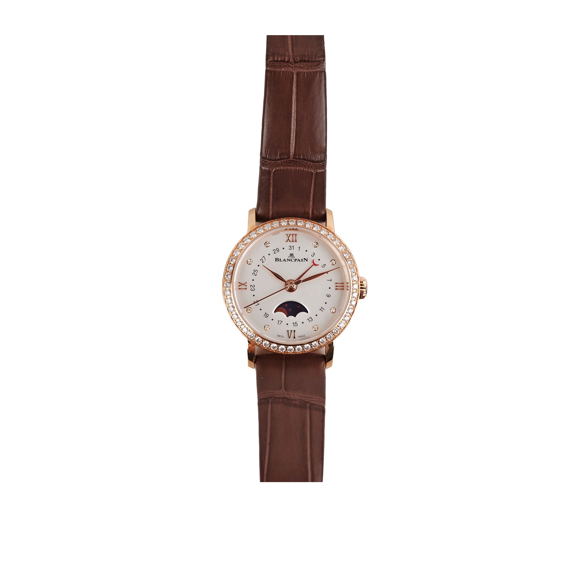 Blancpain Villeret 29mm Rose Gold Moonphase Diamond Watch for Women - Luxury Swiss Automatic Timepiece with Date Display - Perfect for Formal Events & Anniversary Gifts