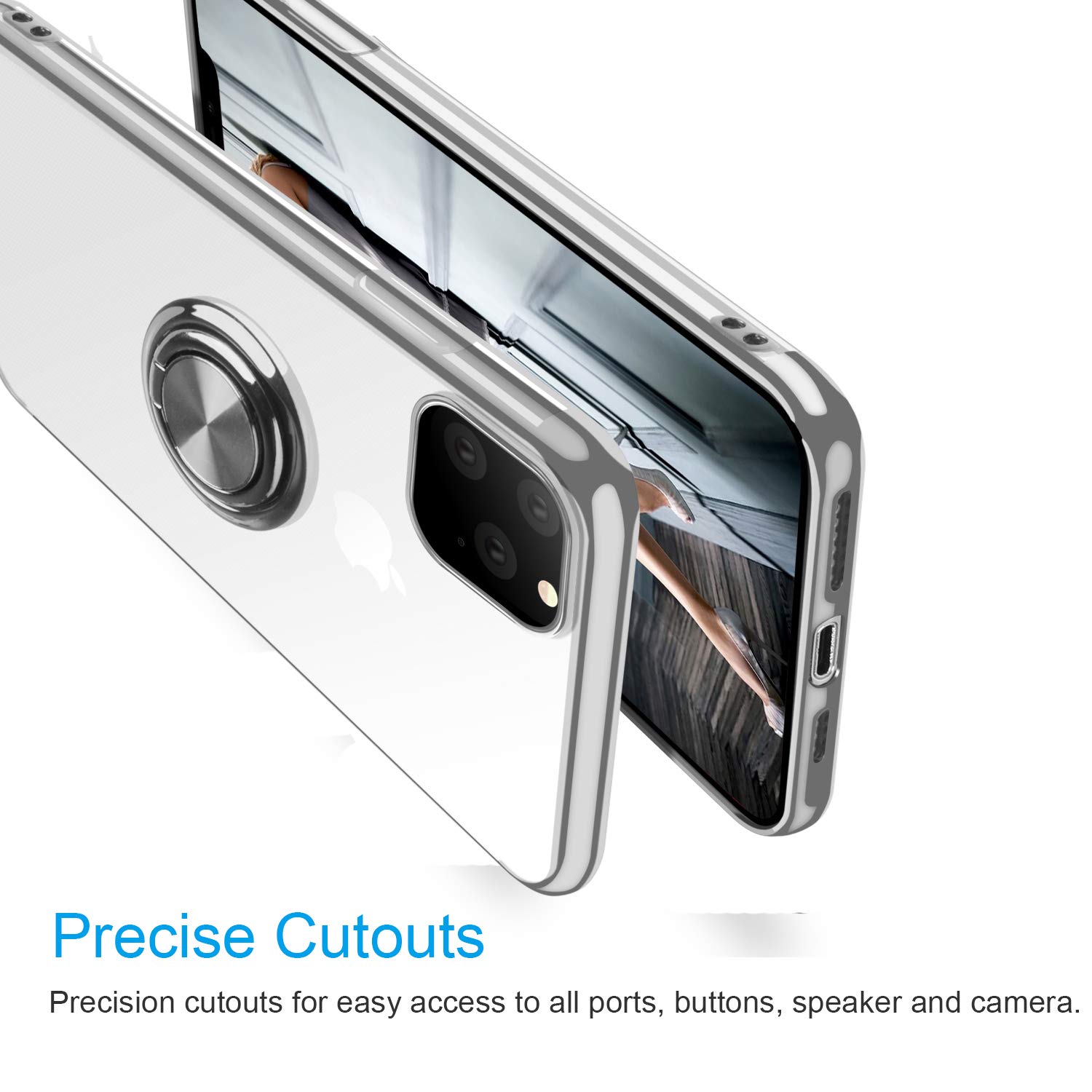 Ultra Slim Clear Crystal TPU Case for iPhone 11 Pro Max with 360° Rotatable Ring Kickstand & Electroplated Frame - Silver | Protective Phone Cover for Daily Use, Travel, and Hands-Free Viewing