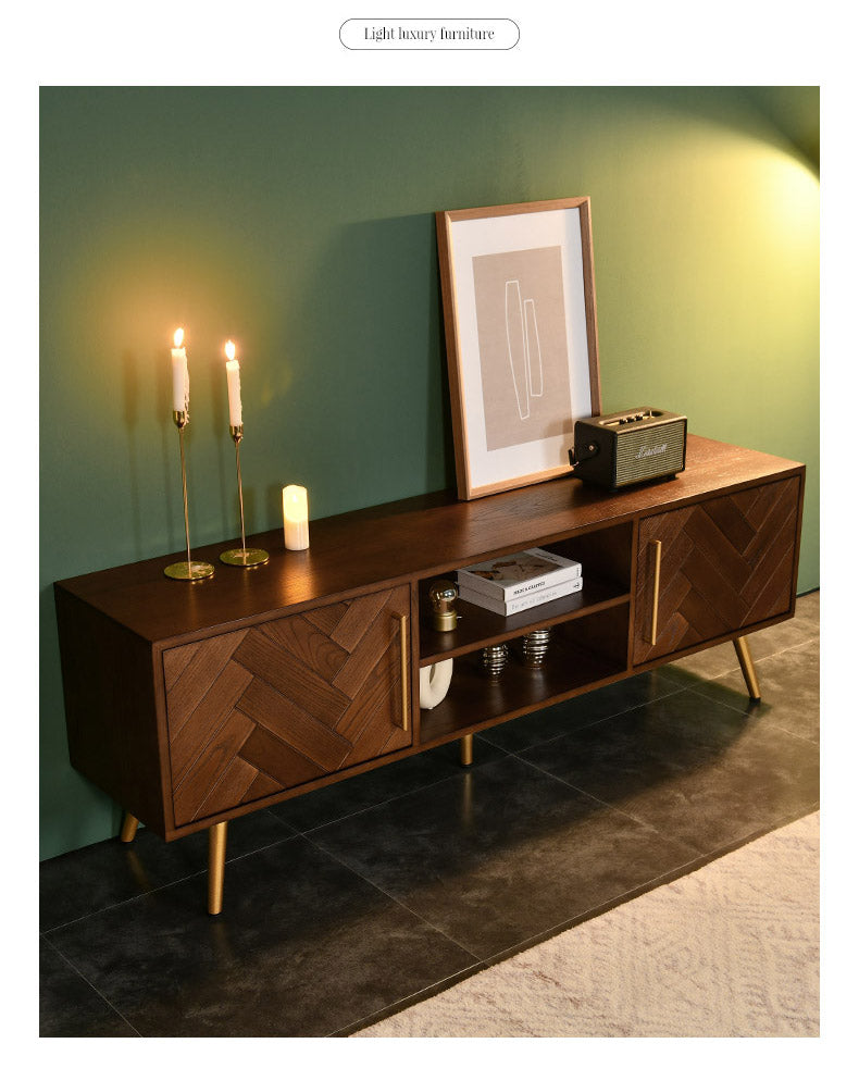 LILAH Herringbone TV Stand - Solid Wood American Ash Media Console with Storage - Perfect for Living Room, Bedroom & Home Theater Setup