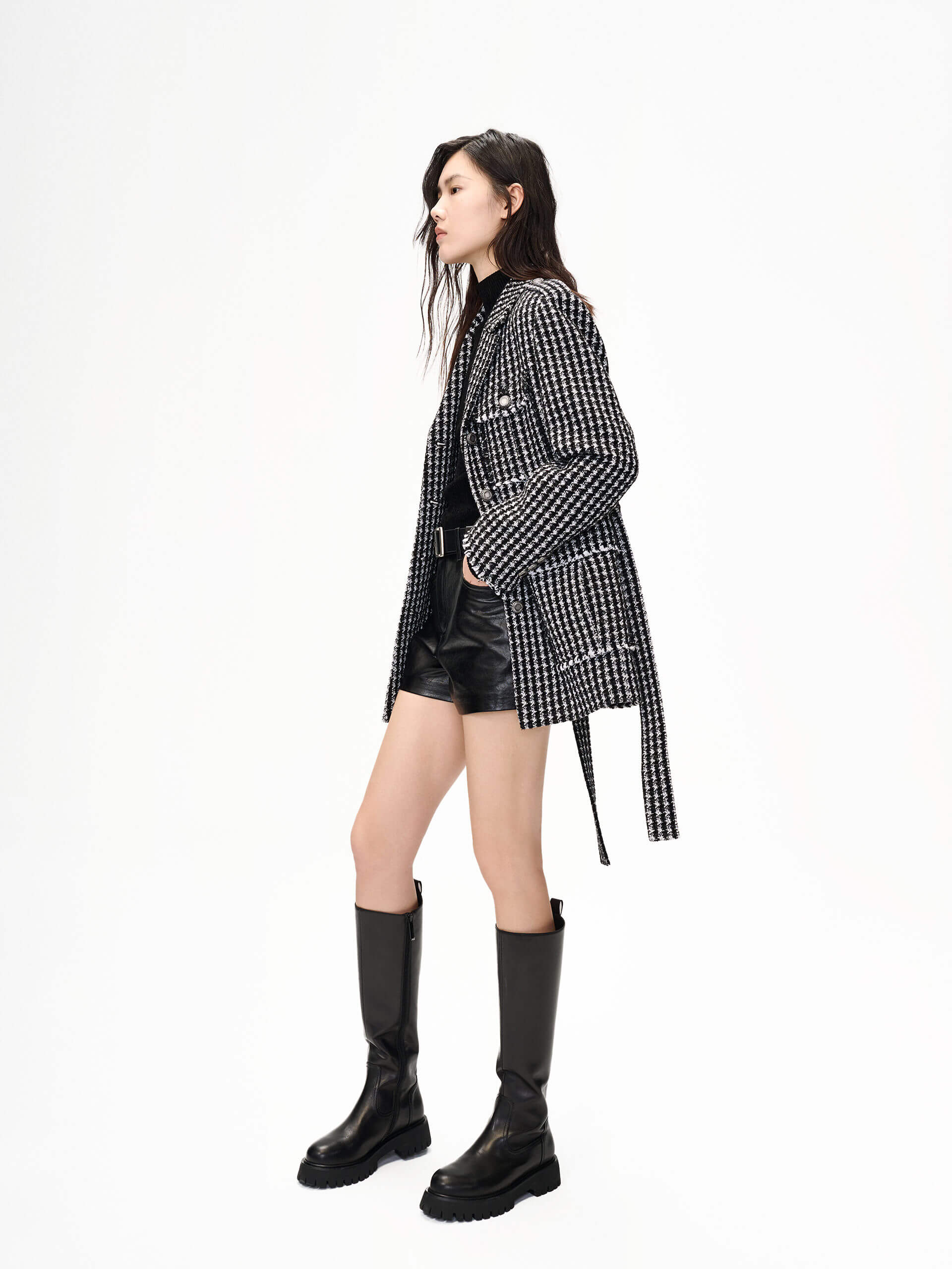 Stylish Houndstooth Pattern Belted Jacket for Women - Trendy Fall & Winter Outerwear - Perfect for Office, Parties & Casual Outings