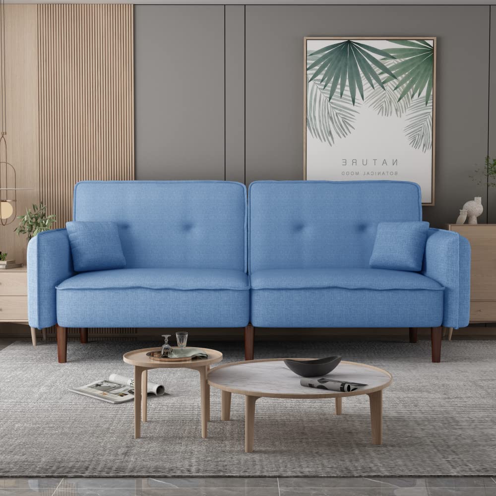 Convertible Fabric Futon Sofa Bed - 3-Seater Loveseat Sleeper with Wooden Legs & Storage Bag - Easy Assembly (Blue) - Perfect for Small Apartments, Guest Rooms & Home Offices
