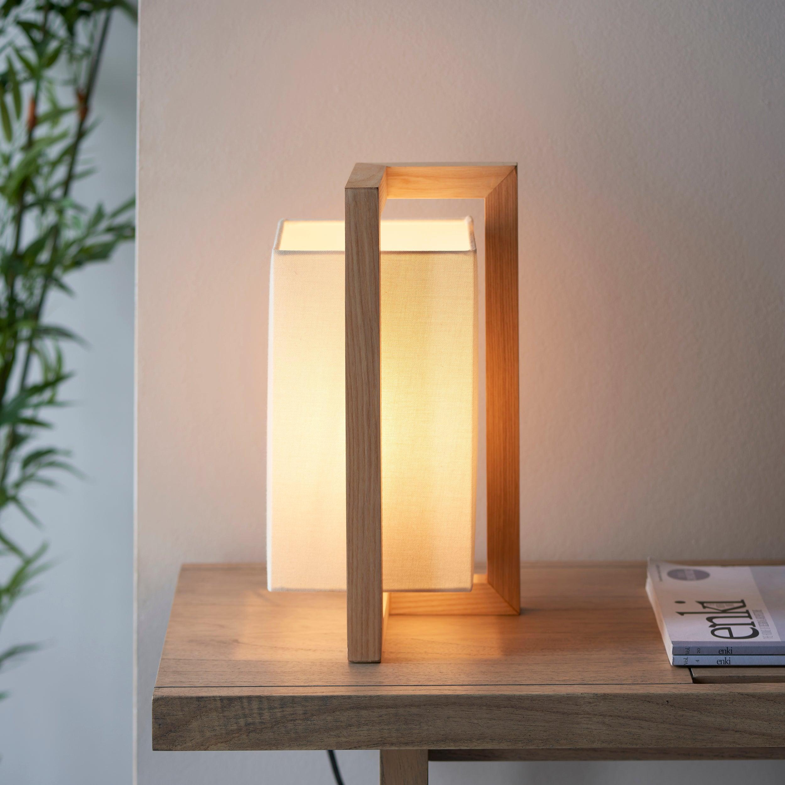 Modern Geometric Wood Table Lamp with White Fabric Shade - Stylish Home Office & Bedroom Lighting Decor
