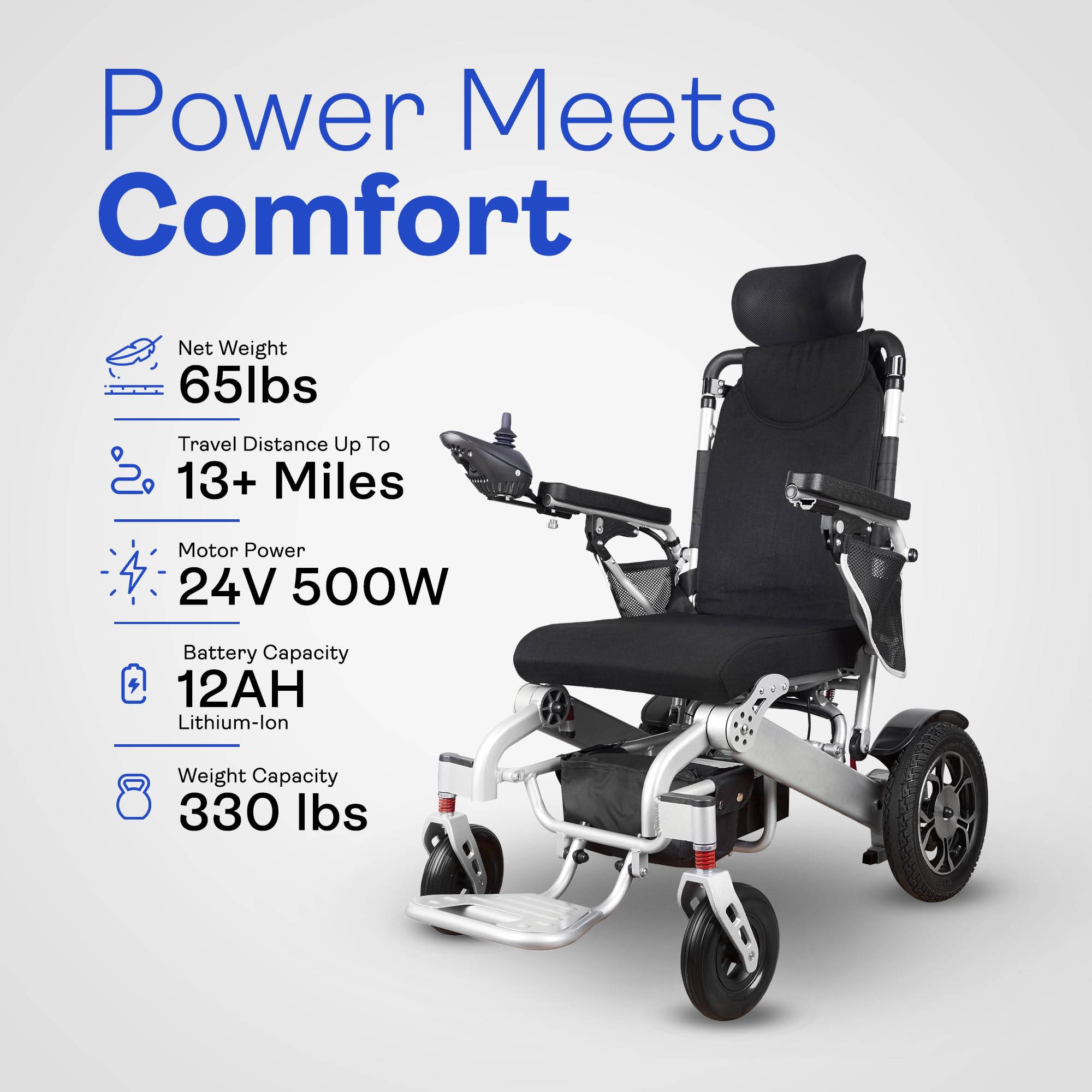 Shawk XL Lightweight Foldable Electric Wheelchair for Adults - 500W Motor, 330 lbs Weight Capacity, 13 Miles Range, Reclining Seat (Gray) - Perfect for Indoor/Outdoor Mobility, Travel & Daily Use
