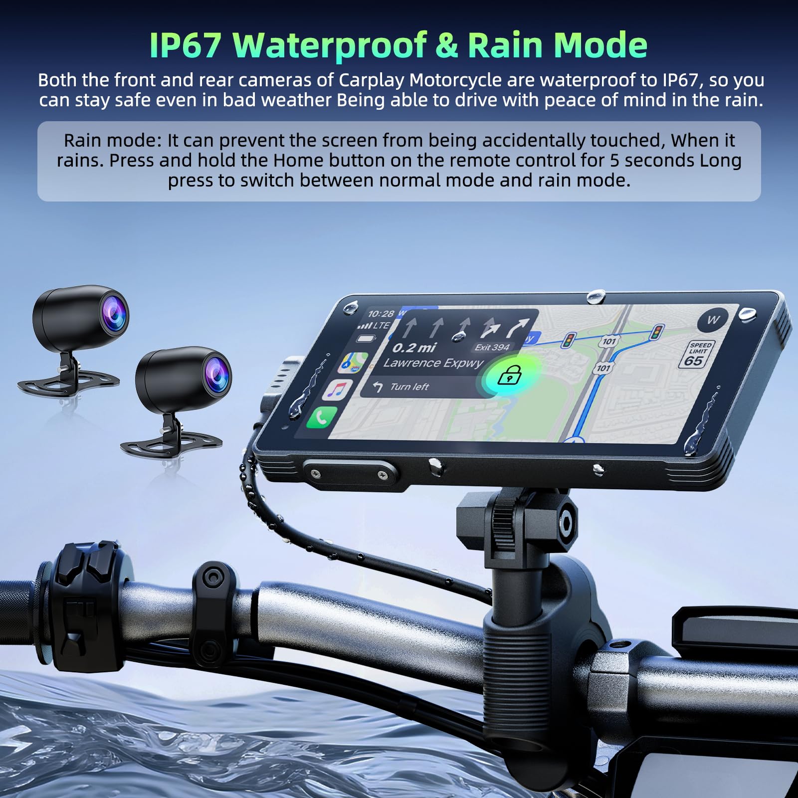 HOTPEAK 5.5-Inch IP67 Waterproof Motorcycle Stereo with Wireless CarPlay & Android Auto, 2K Front + 1080P Rear Dashcam, Bluetooth, Navigation & Voice Assistant - Perfect for Adventure Riding, Commuting and GPS Navigation on Your Bike