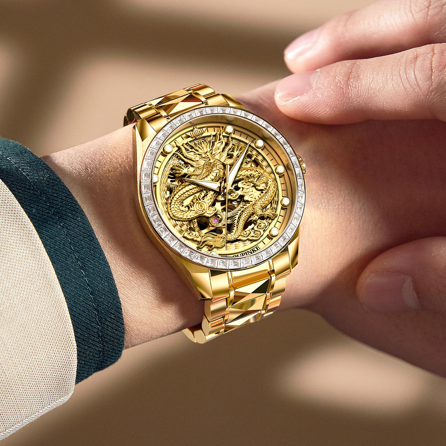 Luxury Automatic Self-Winding Mechanical Watch for Men - Gold Dragon Skeleton Design with Sapphire Crystal, Diamond Accents & Tungsten Steel Band - Waterproof & Luminous Dress Watch - Perfect for Formal Events, Business Meetings & Special Occasions