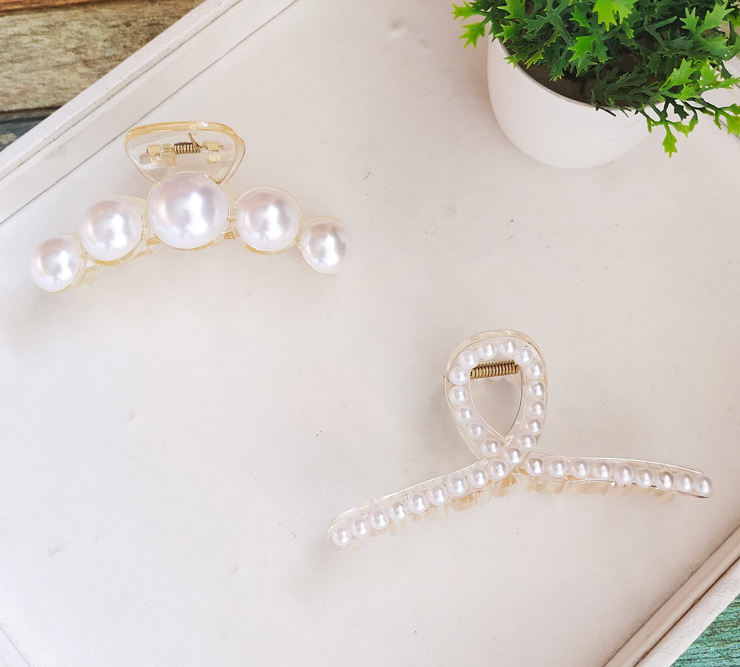 Korean Hair Claw Clip for Thick Hair - Shark Pearl Mix (2 Pack) for Women & Girls