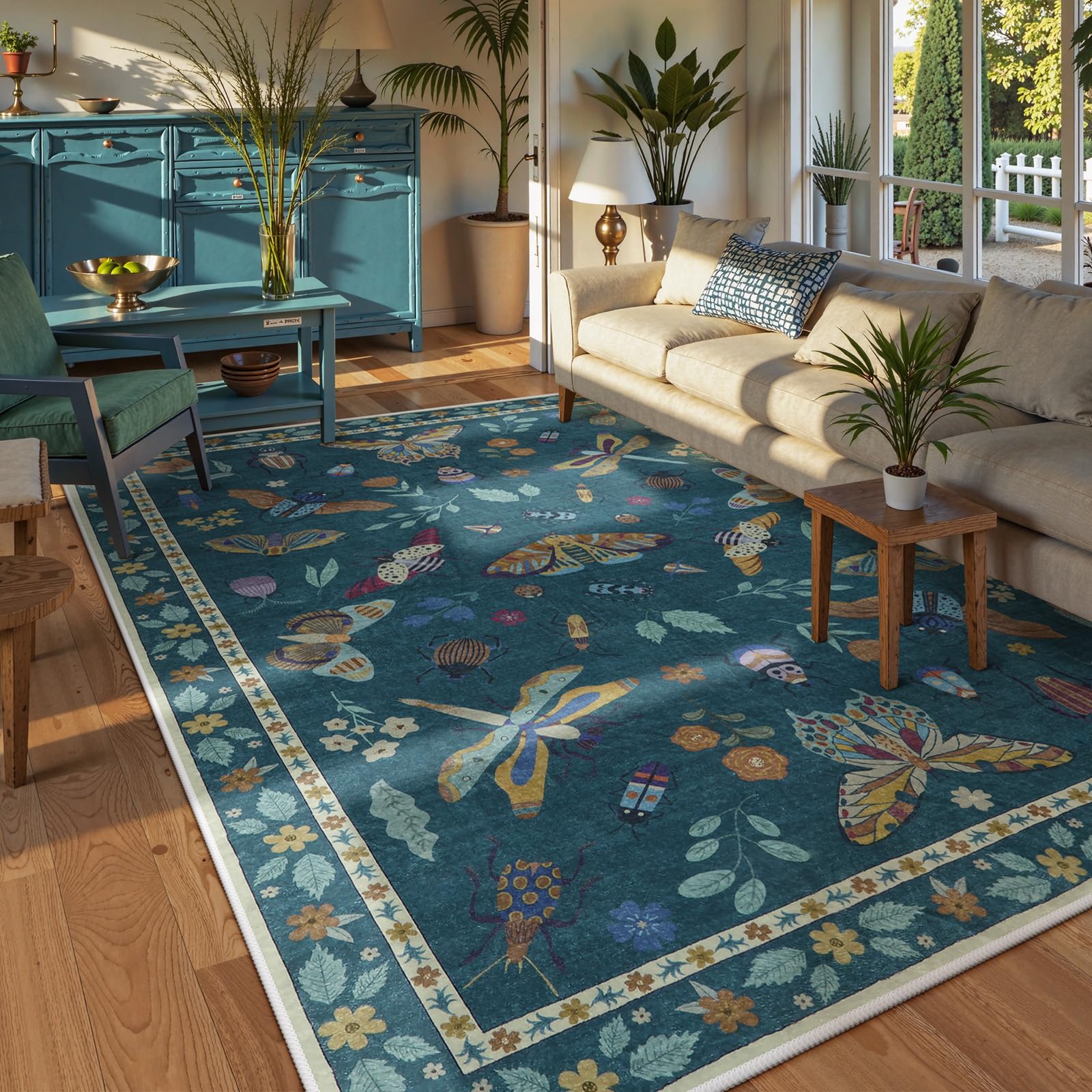 Lahome Insect Print Washable Area Rug 6x9 Feet - Soft Non-Slip Modern Rug for Living Room, Bedroom, Dining Room, Office & Nursery - Ultra-Thin Stain Resistant Large Carpet (Dark Green) | Perfect for Home Decor, Kids Play Area & Pet-Friendly Spaces