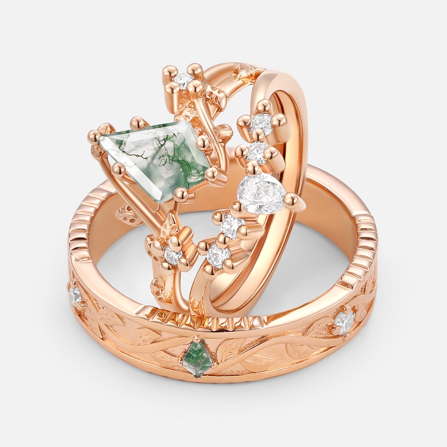 Nature Inspired Unique Kite Cut Moss Agate Leafy Couple Ring Set 3pcs - Handmade Bohemian Wedding Bands for Couples, Anniversary Gifts - Perfect for Romantic Dates, Proposals & Special Occasions