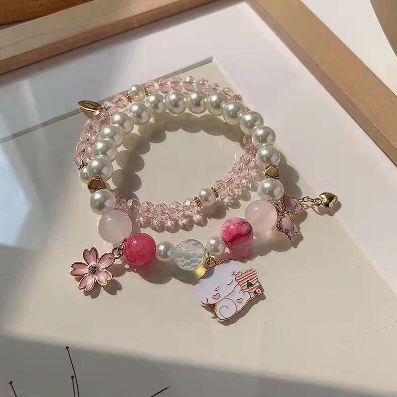 **Elastic Cartoon Crystal Beads Pearl Bracelets - Cute Kawaii Adjustable Beaded Strand Bracelets for Women & Girls - Graduation Charm Bracelet Gift for Kids - Perfect for Parties, School, and Everyday Wear**