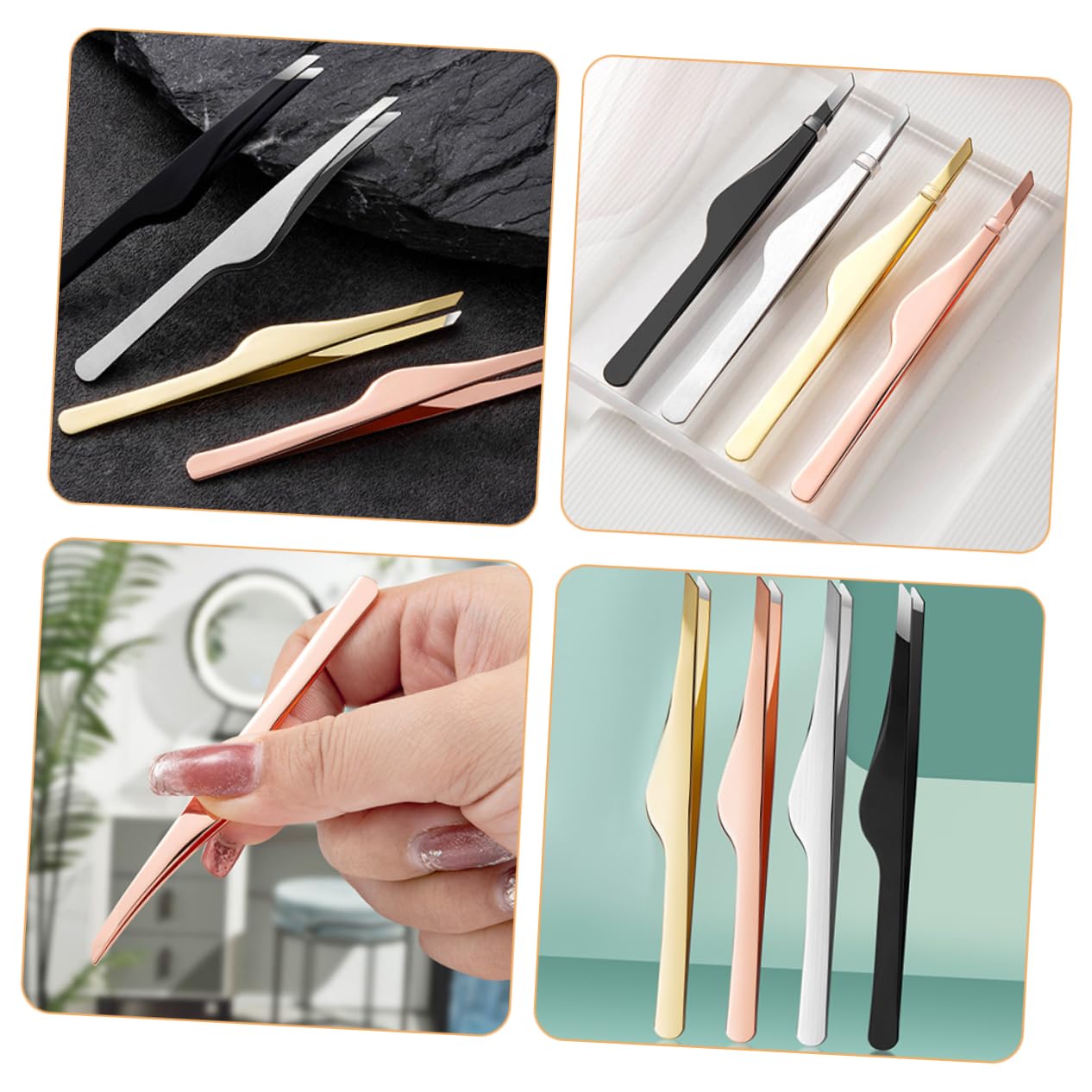 Healeved 4-Piece Eyelash Extension Tweezers Set - Slant Tip & Precision Eyebrow Tweezers for Professional Lash Application - Rose Gold Beauty Tools (Perfect for Salon, Home Use & DIY Lash Extensions)