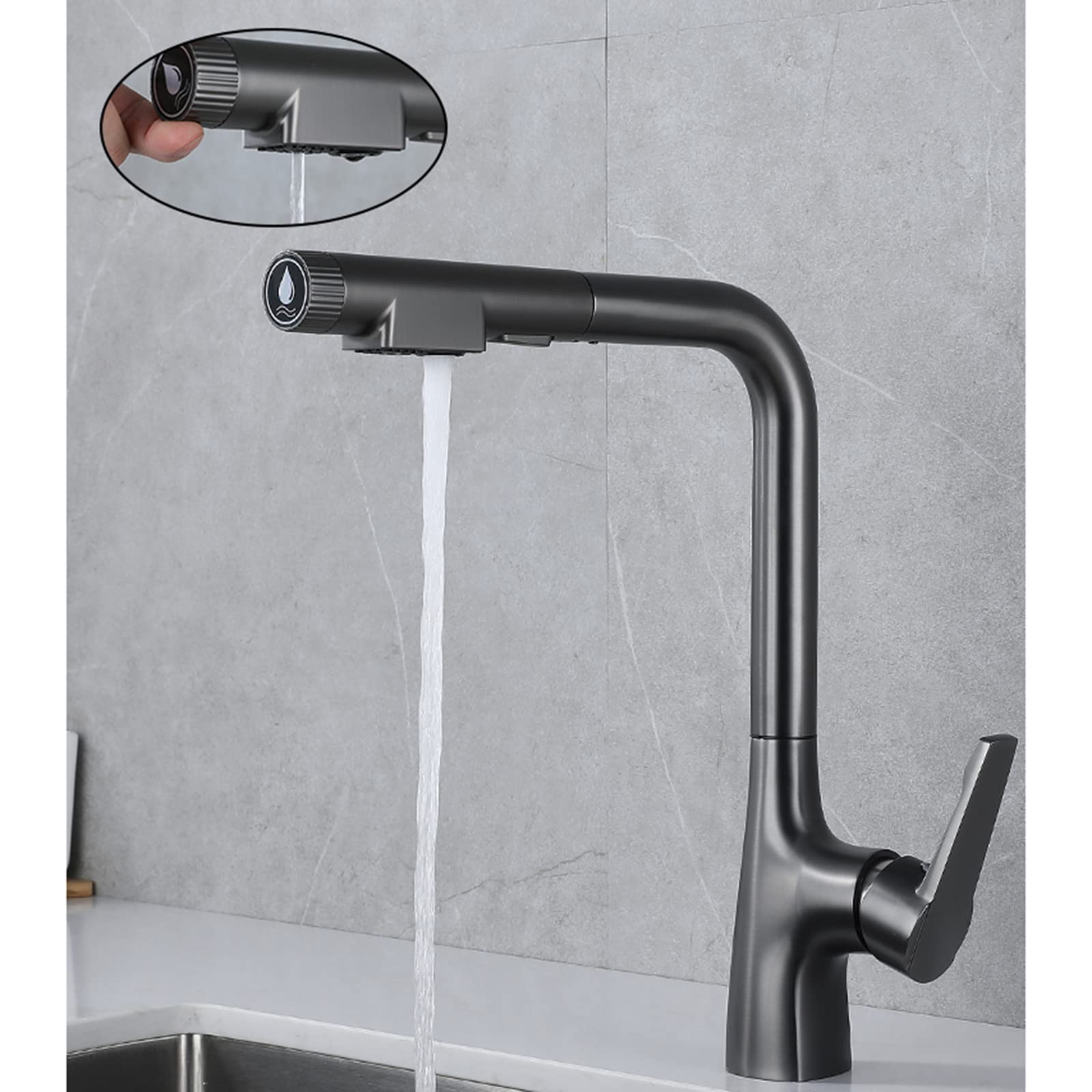 3-Way Pull-Down Kitchen Faucet with Sprayer - Matte Grey Brass Swivel Sink Faucet for Hot & Cold Water - Perfect for Modern Kitchens, Bar Sinks, and RV Use
