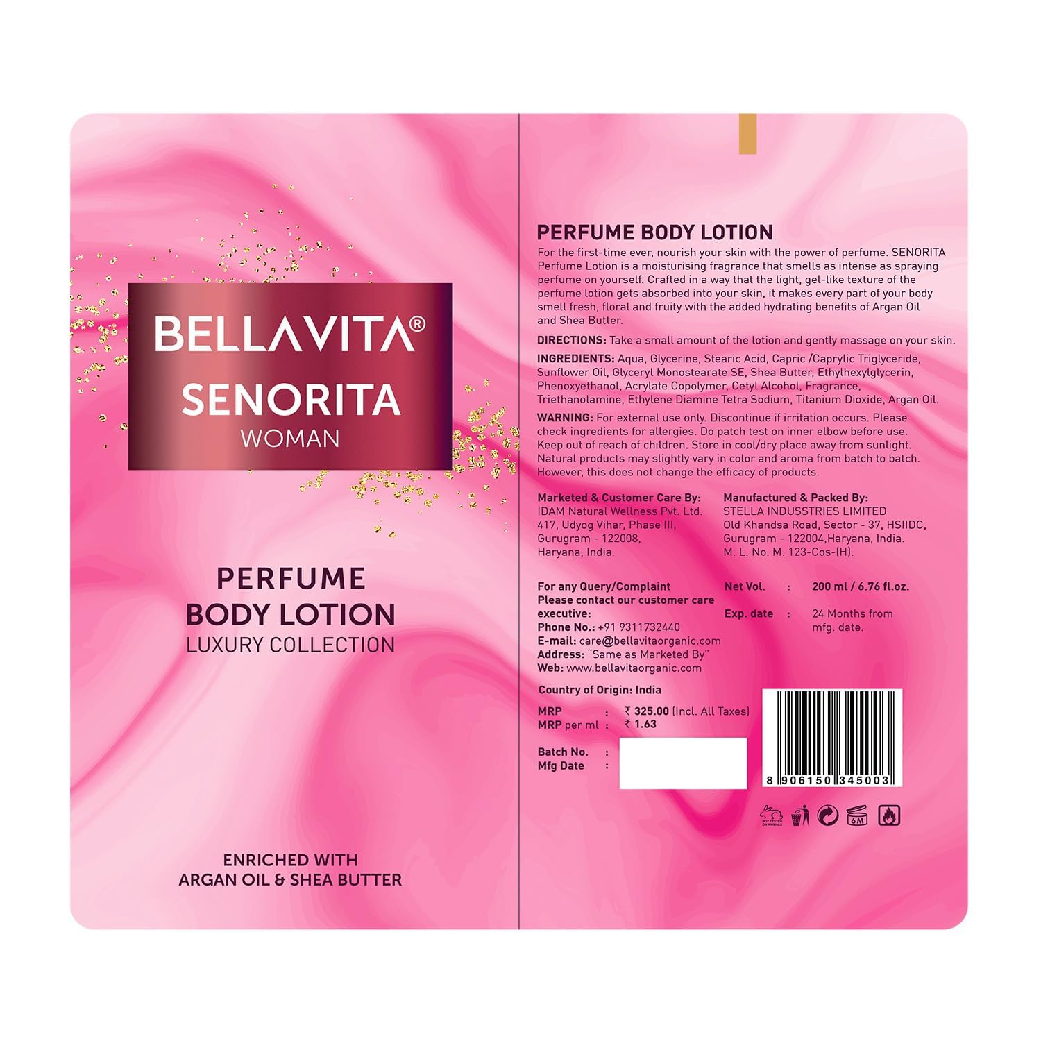 Bella Vita Luxury Senorita Women's Perfumed Body Lotion - 200ml with Argan Oil & Shea Butter for Nourishing, Hydrating & Soft Skin | Daily Moisturizer for Dry Skin Care & Aromatherapy Relaxation