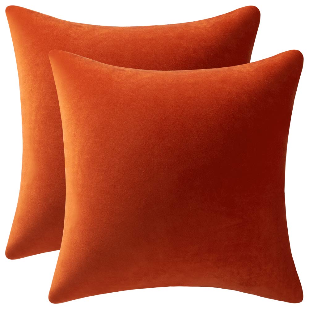 DEZENE 24x24 Burnt Orange Velvet Pillow Covers - 2 Pack Soft Square Throw Pillow Cases for Couch, Sofa & Farmhouse Decor | Fall Home Accents & Cozy Living Room Accessories