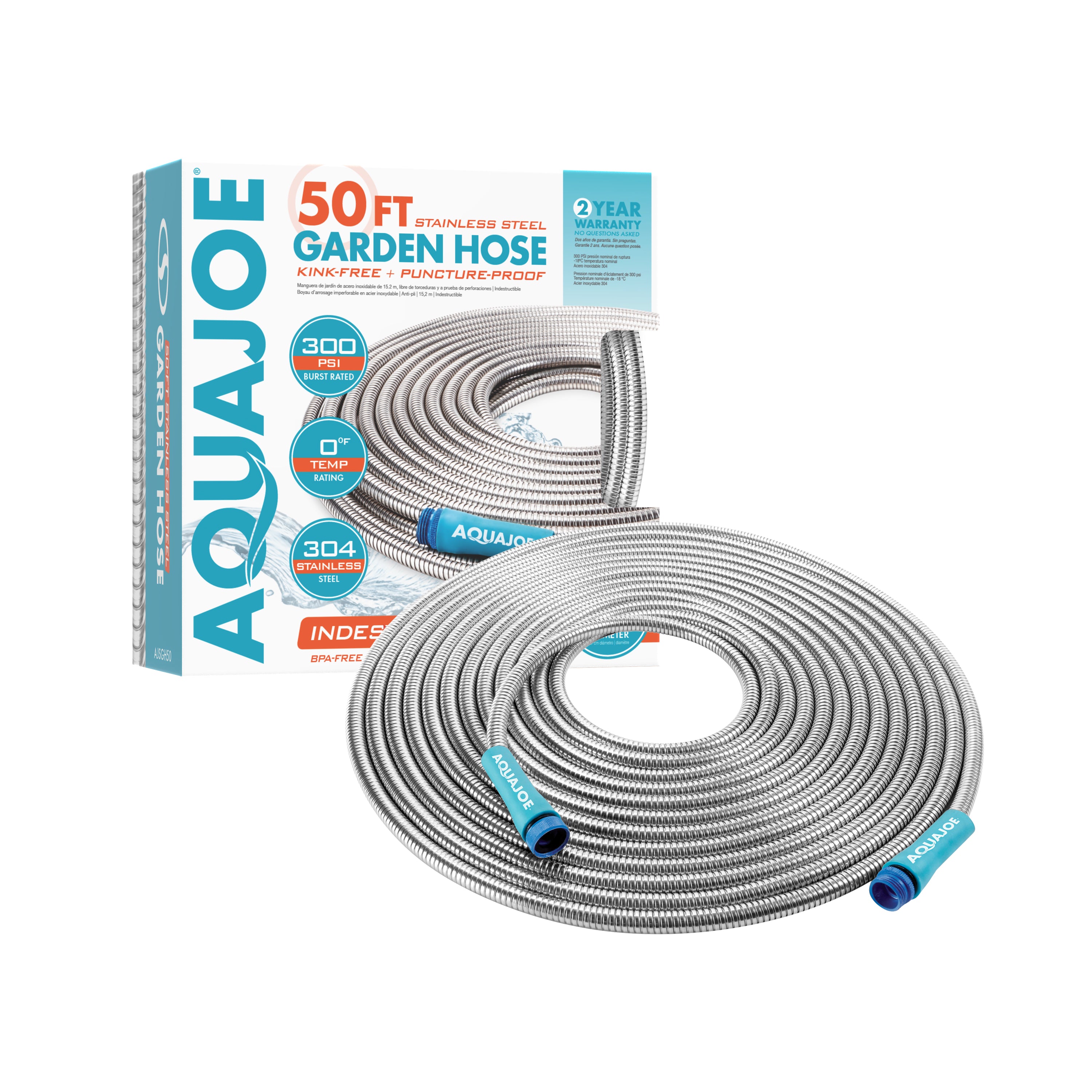 Indestructible Aqua Joe Watering Bundle - Heavy Duty Stainless Steel Hose, Multi-Function Nozzle & Tripod Sprinkler for Lawn, Garden & Outdoor Watering