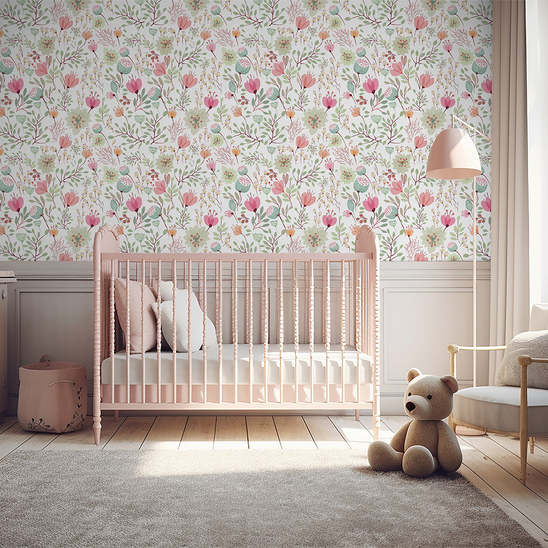 Pink Green Floral Wallpaper CC345 - Peel and Stick Removable Wallpaper for Bedroom, Nursery, Living Room Decor