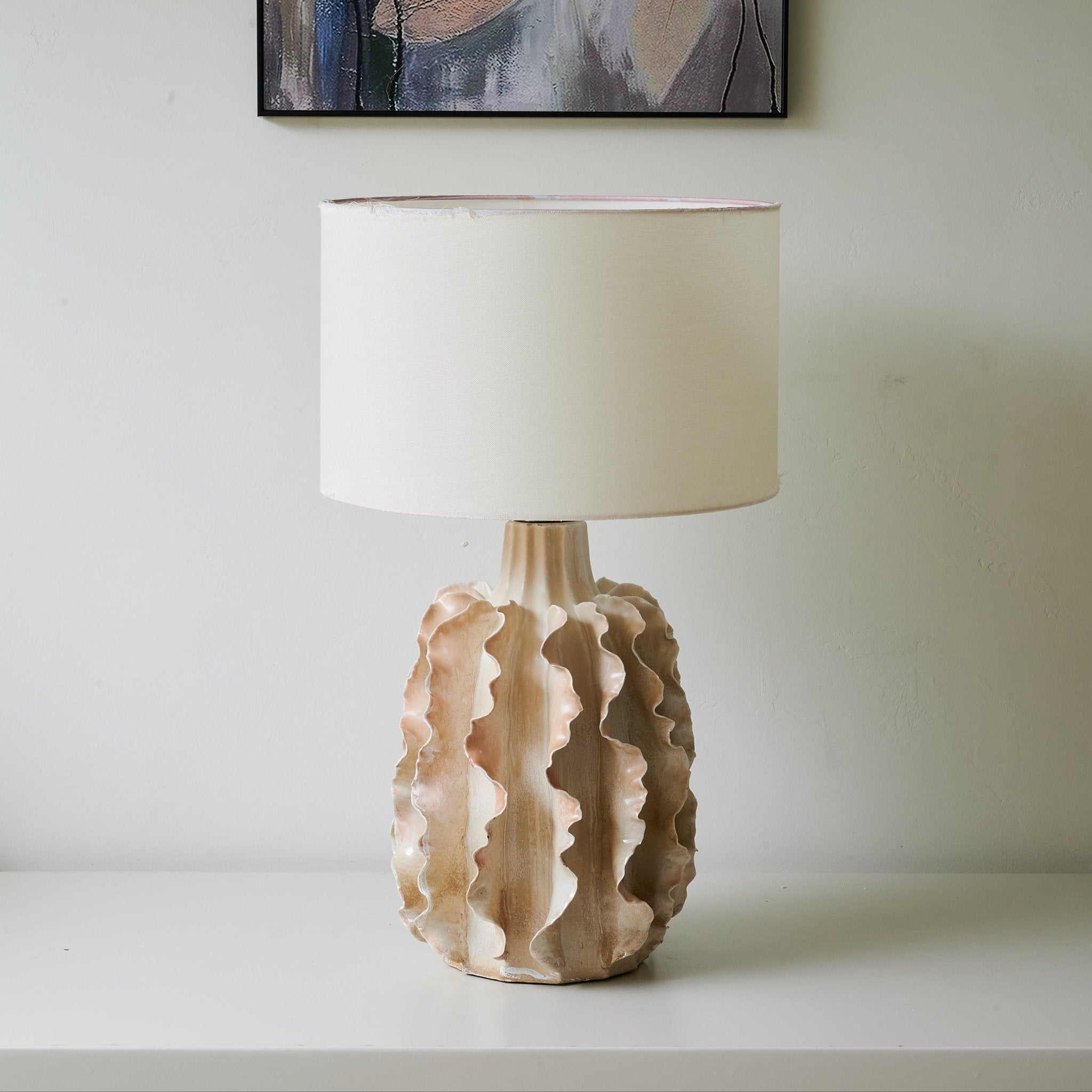 Handmade Rippled Clay Table Lamp - Modern Ceramic Bedside Light for Living Room, Bedroom & Office Decor