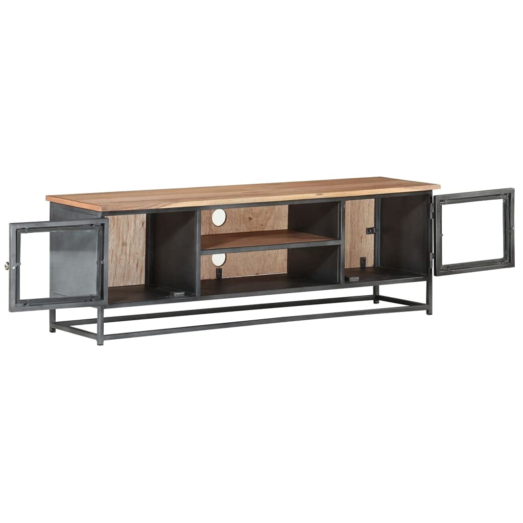 Industrial-Style Acacia Wood TV Stand with Steel Legs - Gray Entertainment Cabinet with Glass Doors & Storage - Perfect for Living Room, Home Theater & Media Organization