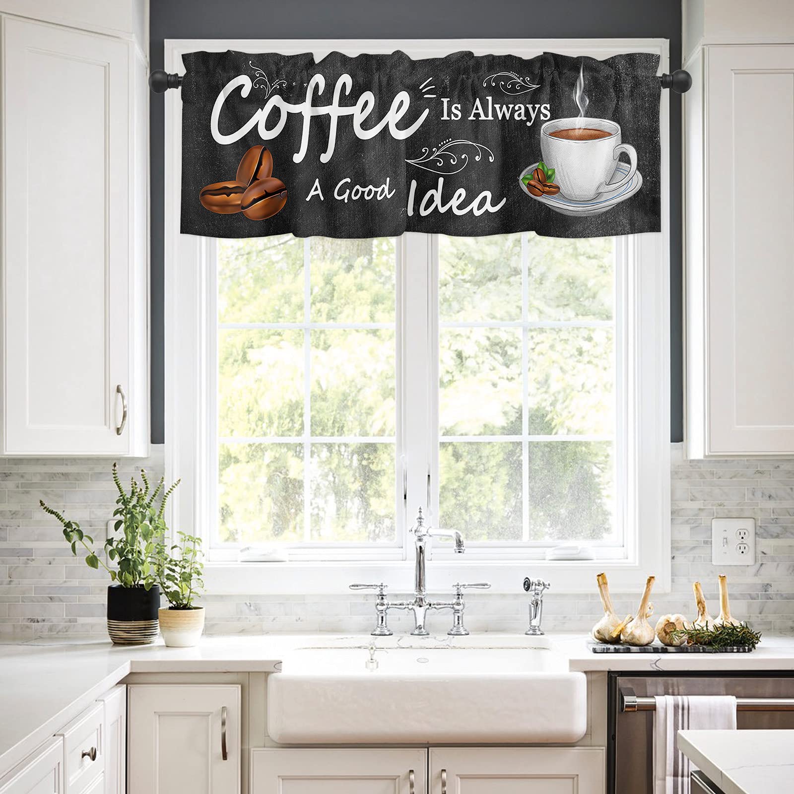 3-Piece Coffee Theme Kitchen Curtains Set with Valances, Farmhouse Style Rod Pocket Soft Washable Window Curtains for Cozy Kitchen Decor